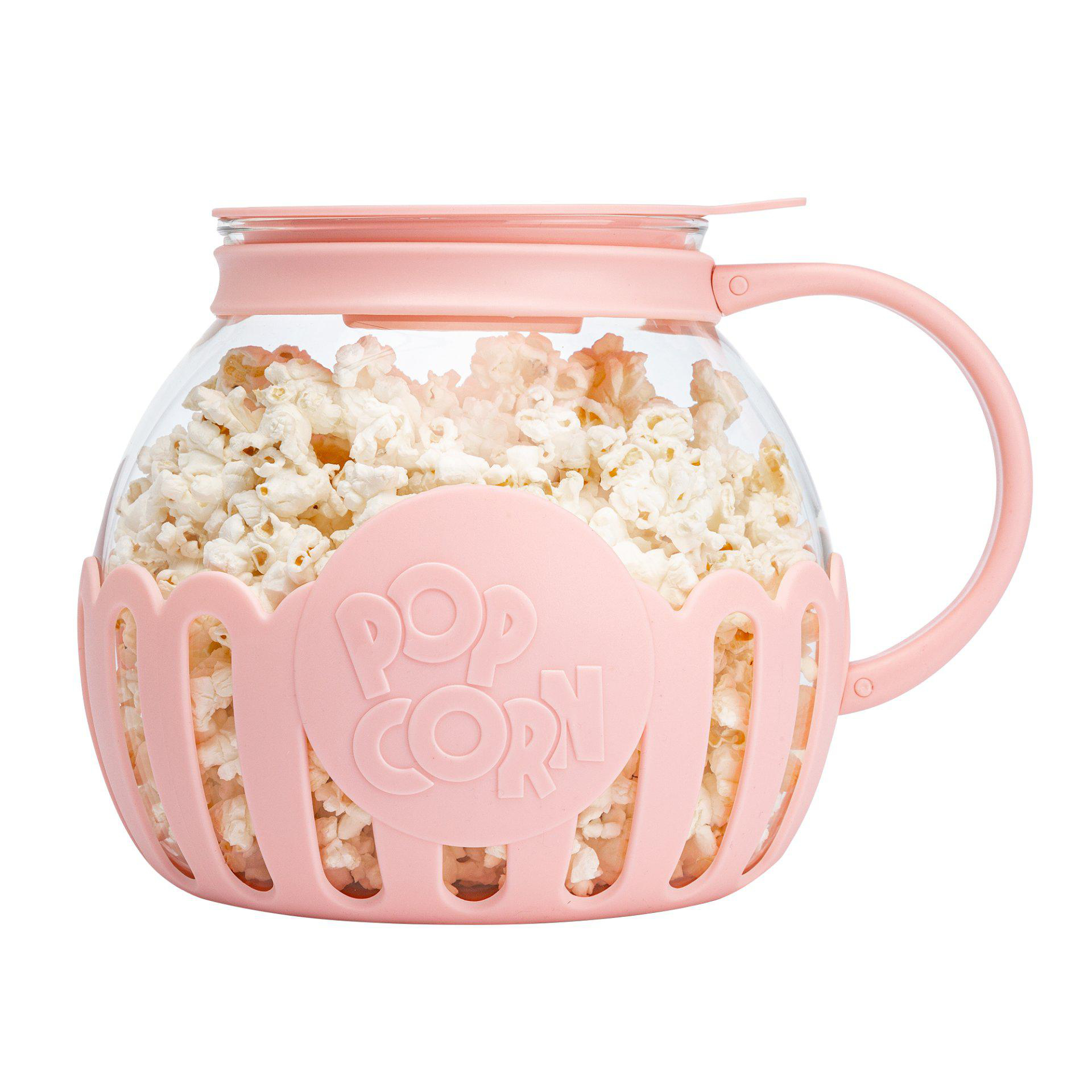 Ein rosa Popcorn-Maker, gefüllt mit Popcorn. Es hat einen Griff und das Wort 'POP CORN' ist vorne sichtbar.