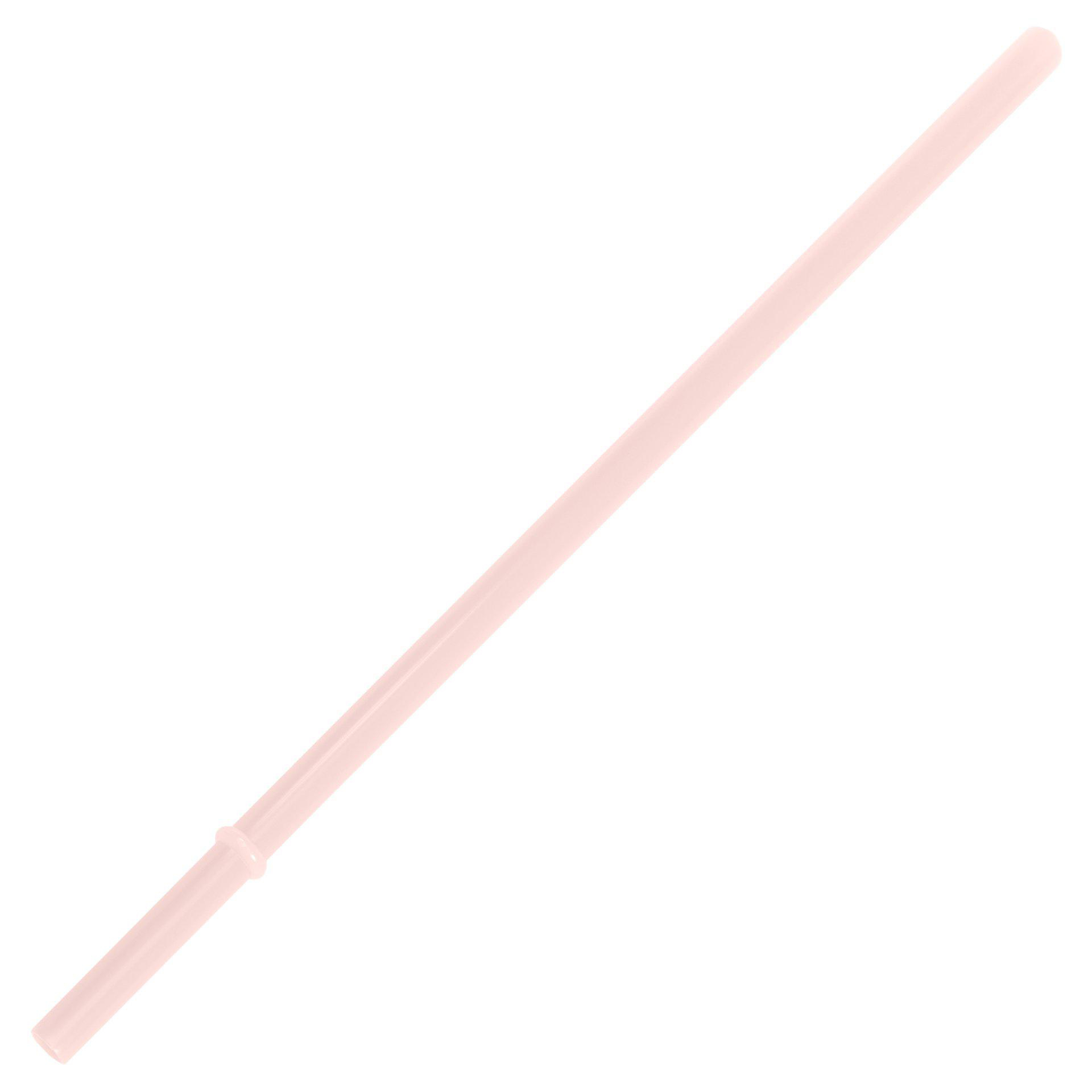 Ein hellrosa Strohhalm, diagonal ausgerichtet. Er hat eine einheitliche Farbe und einen weißen Hintergrund.