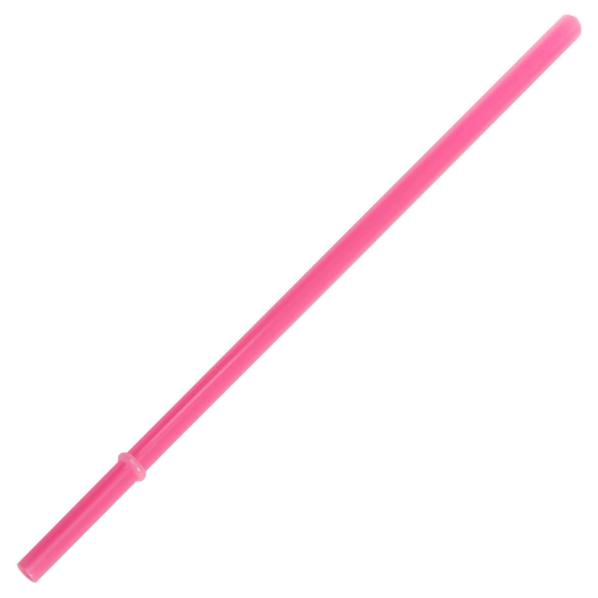Ein pinkfarbener Plastikstrohhalm liegt diagonal vor weißem Hintergrund. Er hat einen biegsamen Abschnitt und eine gerade Form.