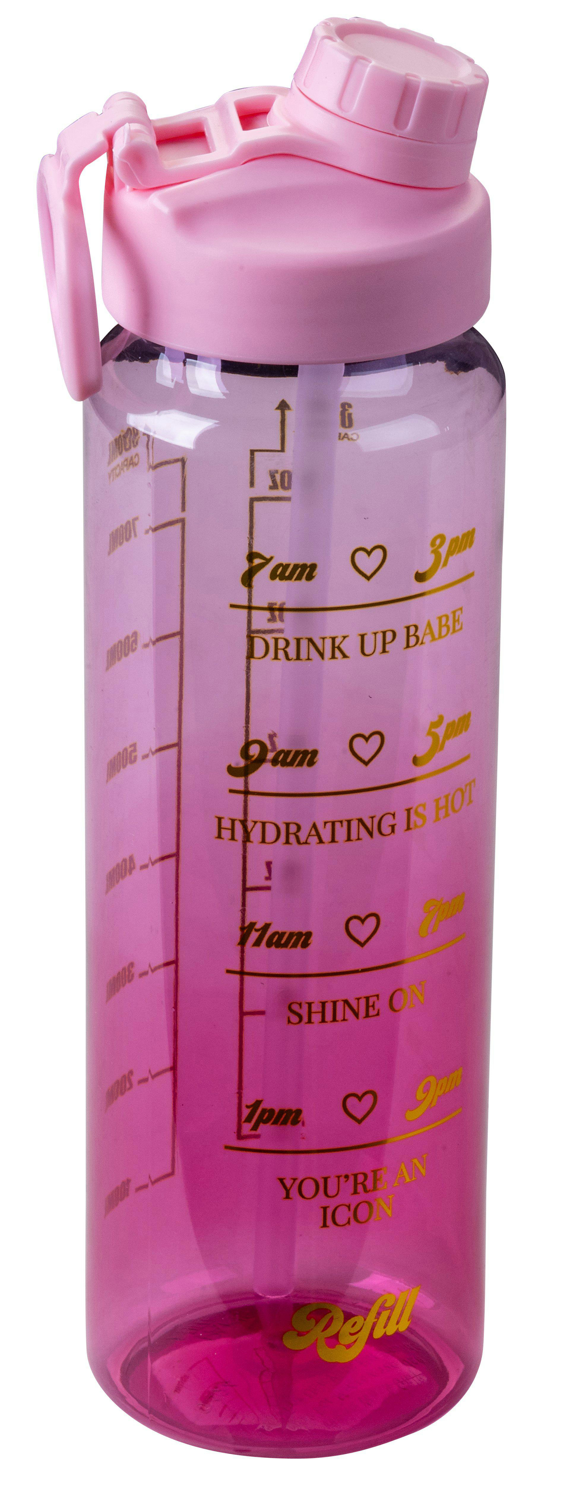 Eine rosa Wasserflasche mit Griff. Auf der Seite sind Zeitmarkierungen und motivierende Sätze aufgedruckt.
