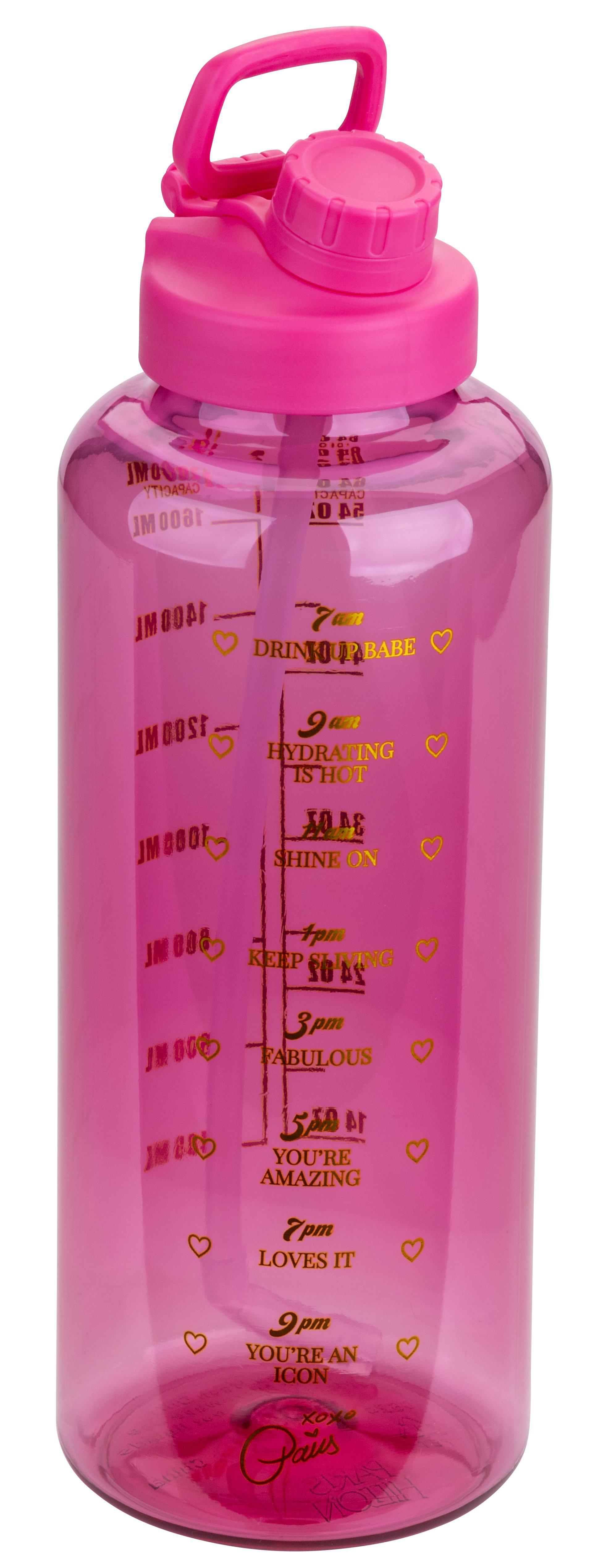Eine rosa Wasserflasche mit Henkel und Schraubverschluss. Sie hat Zeitmarkierungen mit motivierenden Zitaten und Herzen.