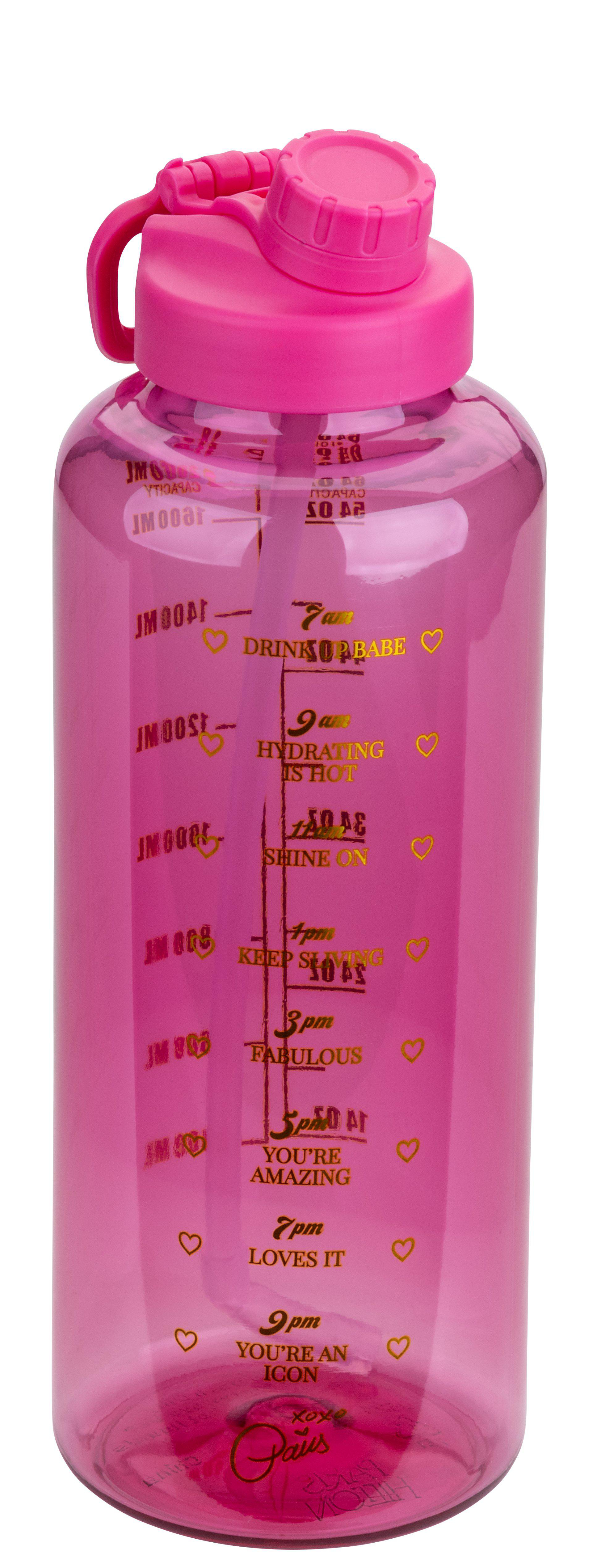 Eine rosa Wasserflasche mit Griff. Sie hat Motivationszitate in Gold. Die Flasche steht vor weißem Hintergrund.