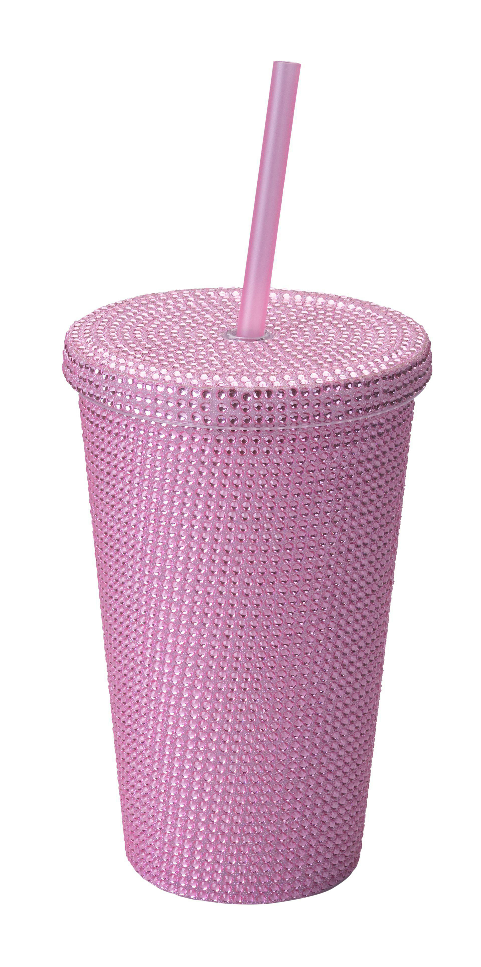 Ein pinkfarbener, mit Strass besetzter Becher mit Strohhalm. Der Becher und der Deckel sind mit kleinen, reflektierenden Kristallen bedeckt.