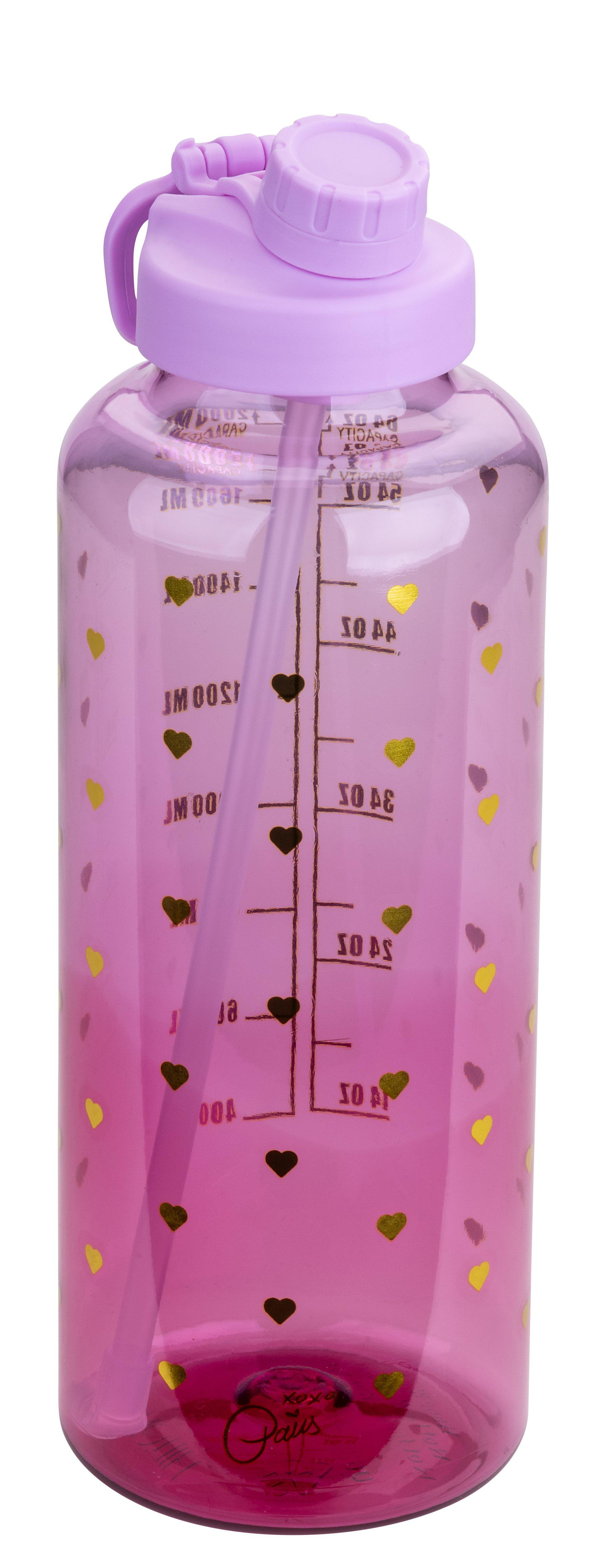 Eine rosa Wasserflasche mit lila Deckel und Strohhalm. Sie hat goldene und schwarze herzförmige Verzierungen.