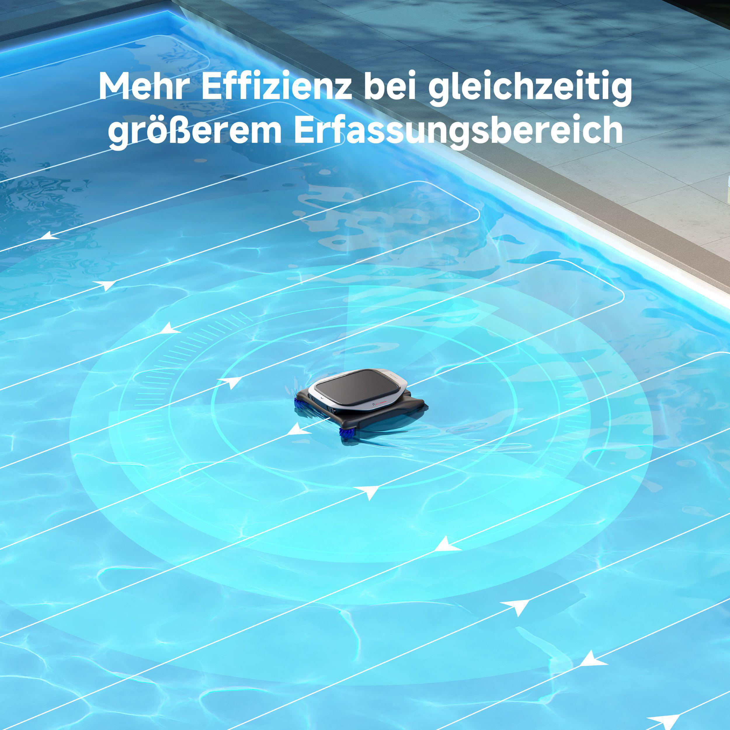 Ein Poolreiniger schwimmt in einem blauen Pool. Weiße Pfeile und Text sind überlagert.