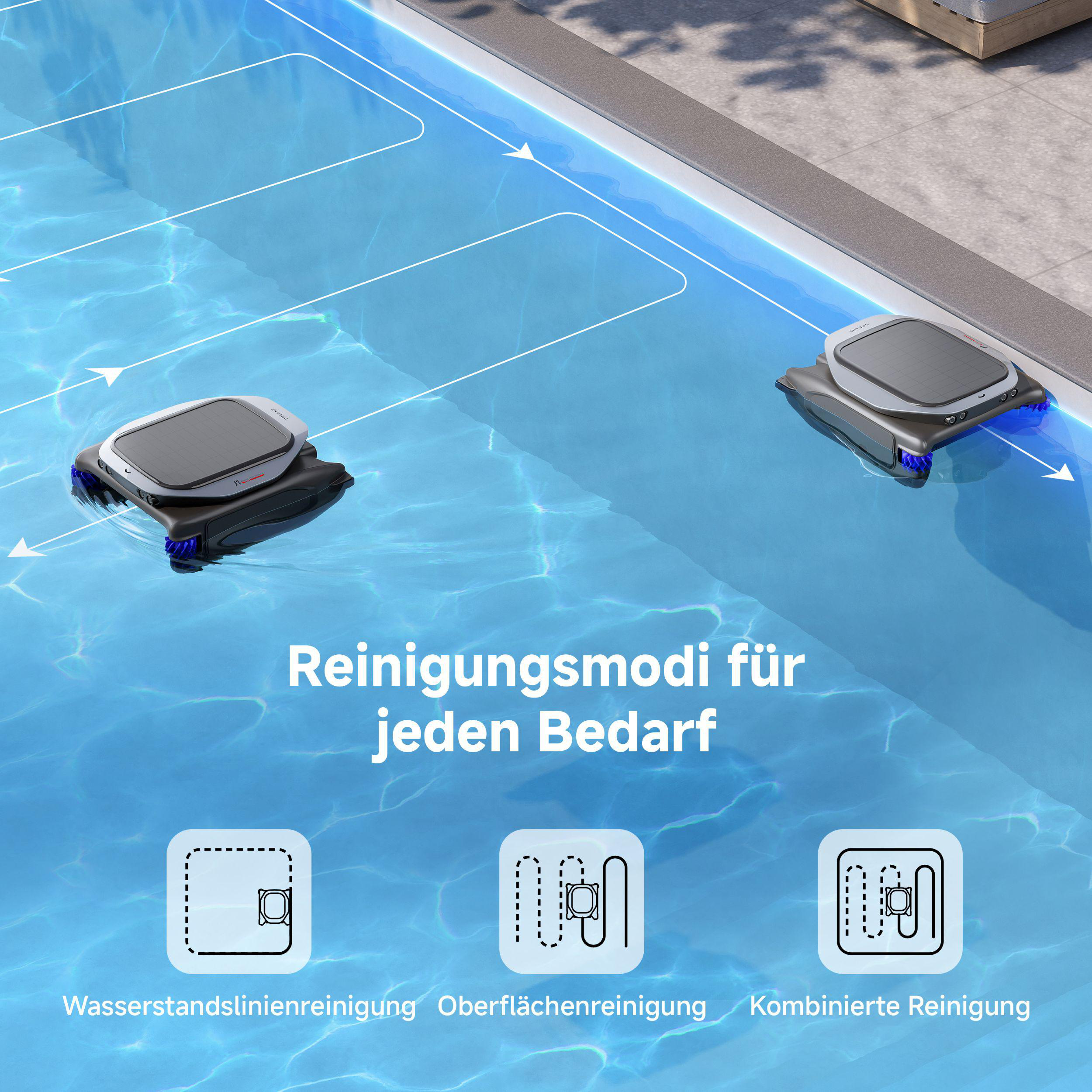 Zwei Poolroboter im Pool. Deutscher Text beschreibt Reinigungsmodi. Symbole zeigen Reinigungsmuster.