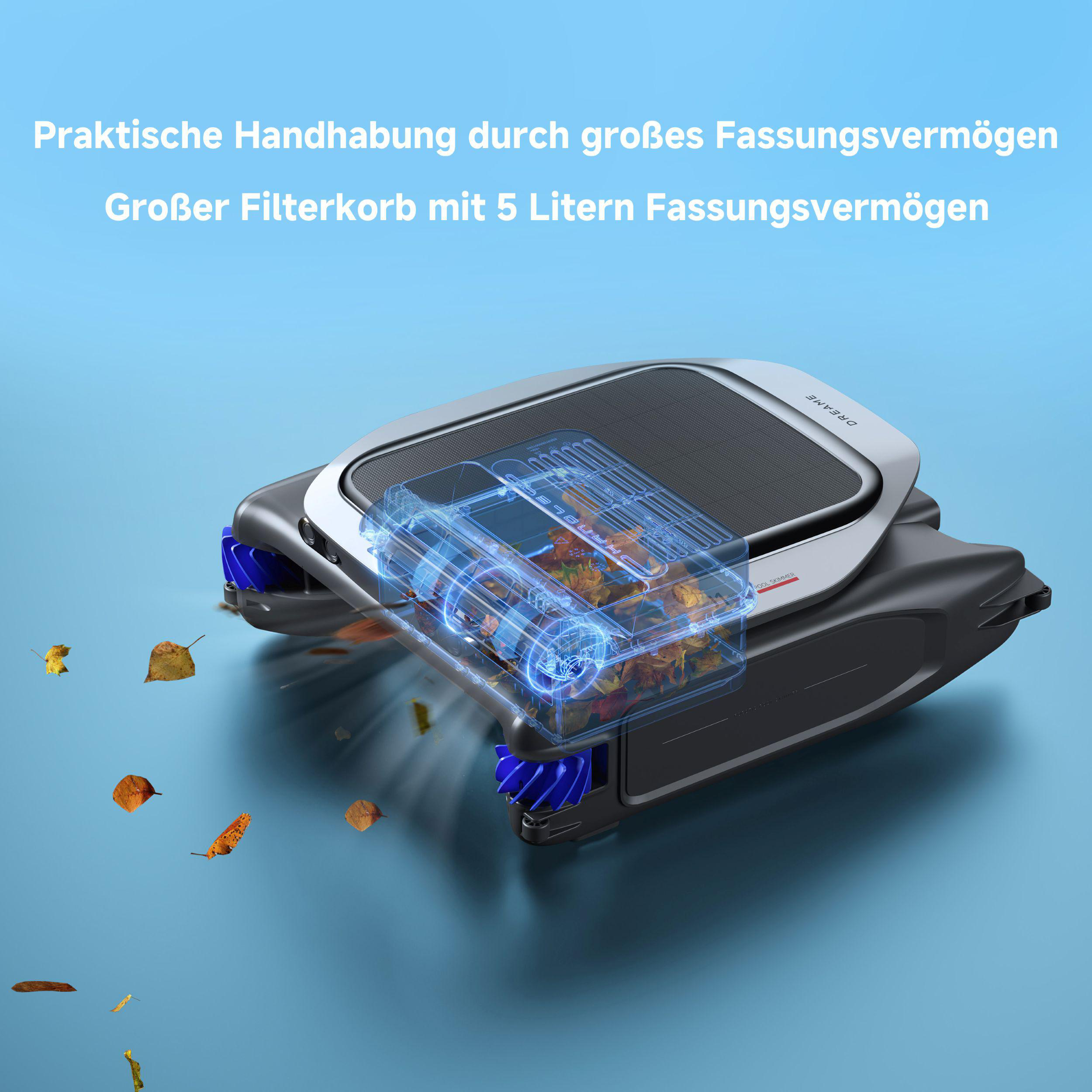 Ein Roboter-Poolreiniger mit transparentem Fach, das Blätter zeigt. Blaue Räder und ein blauer Hintergrund. Text oben.