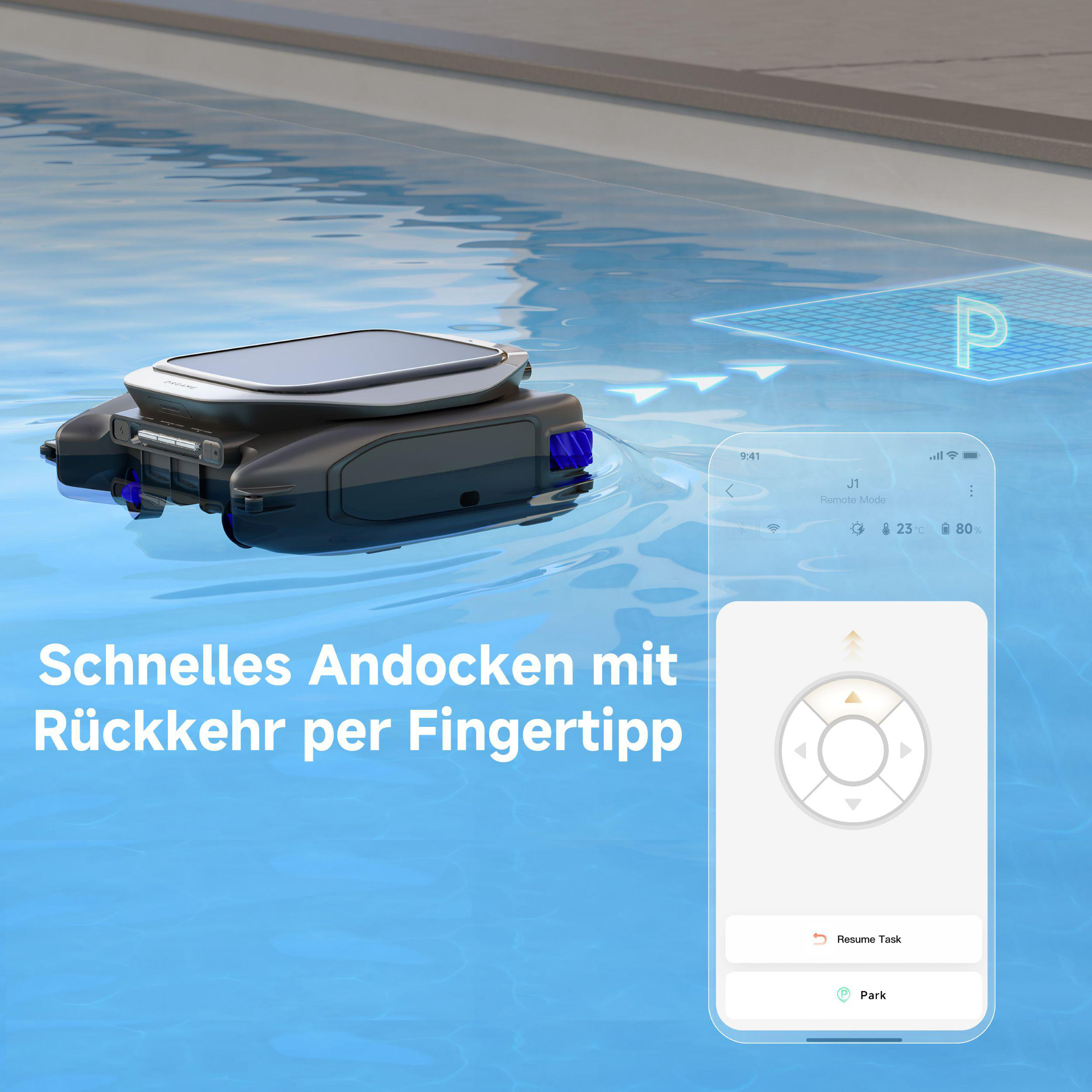 Ein Poolreinigungsroboter im Wasser. Ein Telefon zeigt ein Bedienfeld. Text: 'Schnelles Andocken mit Rückkehr per Fingertipp'.