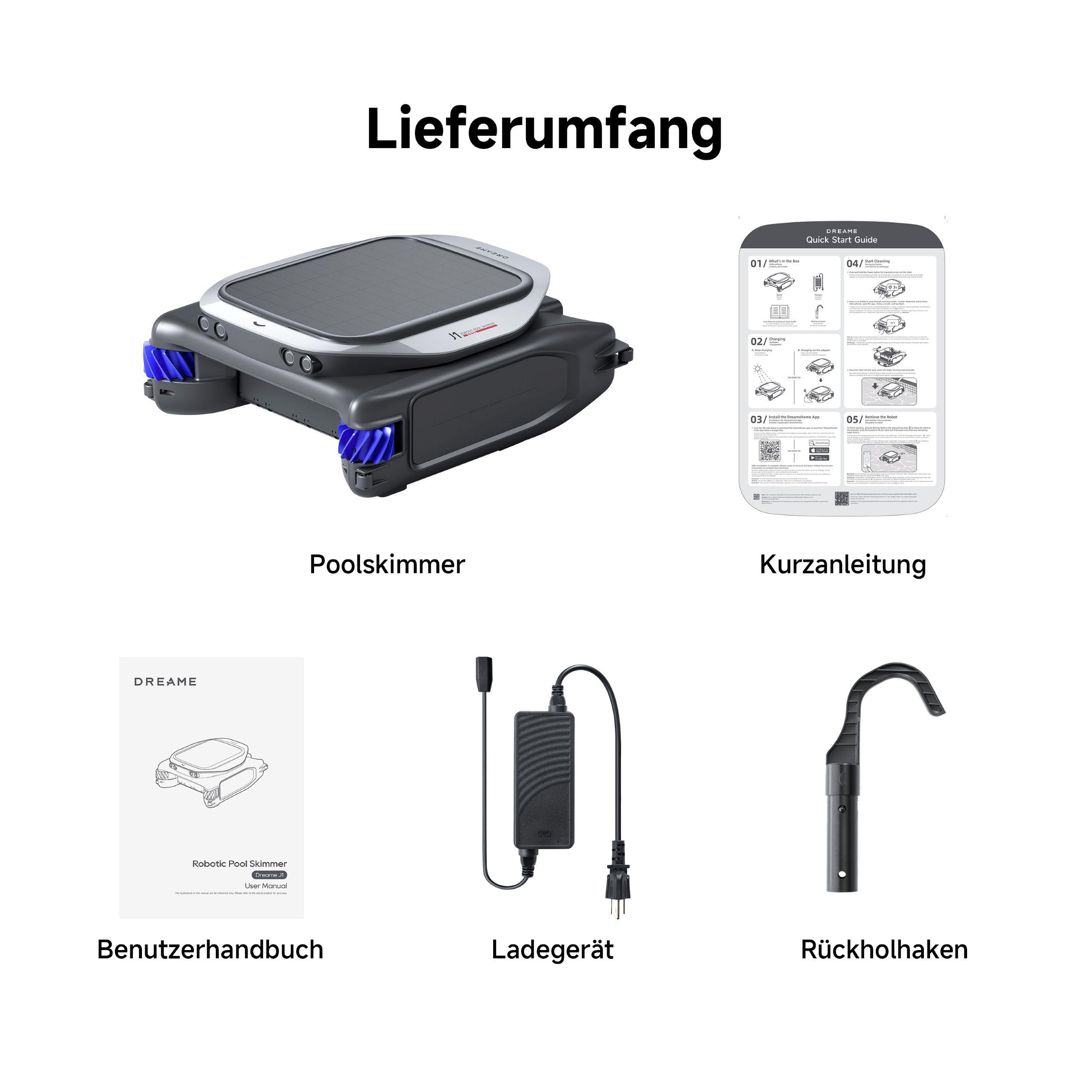 Das Bild zeigt Komponenten eines Pool-Reinigungssatzes: Skimmer, Kurzanleitung, Benutzerhandbuch, Ladegerät und Haken.