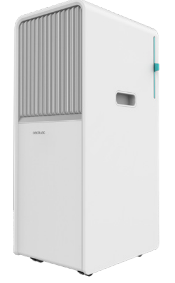 Weißer Klimaanlage. Hat eine graue Frontplatte mit vertikalen Linien. Griff und blaue Details rechts.