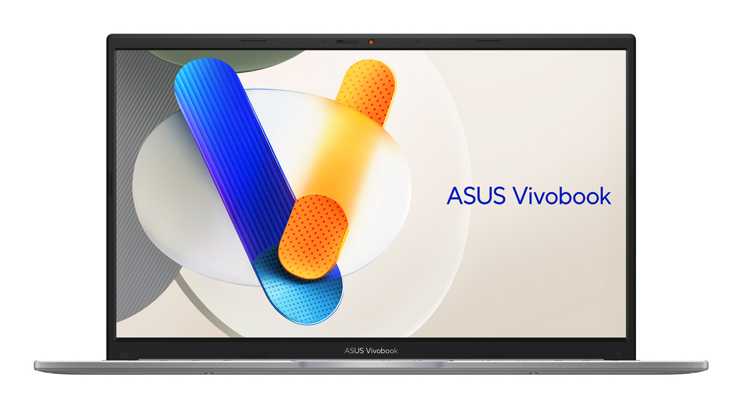Un portátil ASUS Vivobook abierto sobre fondo blanco. La pantalla muestra formas abstractas coloridas. El nombre de la marca es visible.