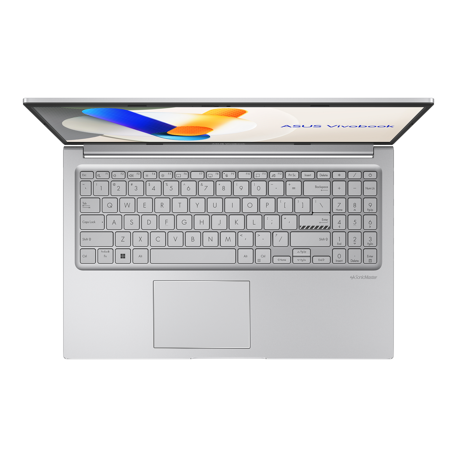 Una laptop ASUS Vivobook plateada está abierta. Se ve el teclado y la pantalla con una imagen colorida.
