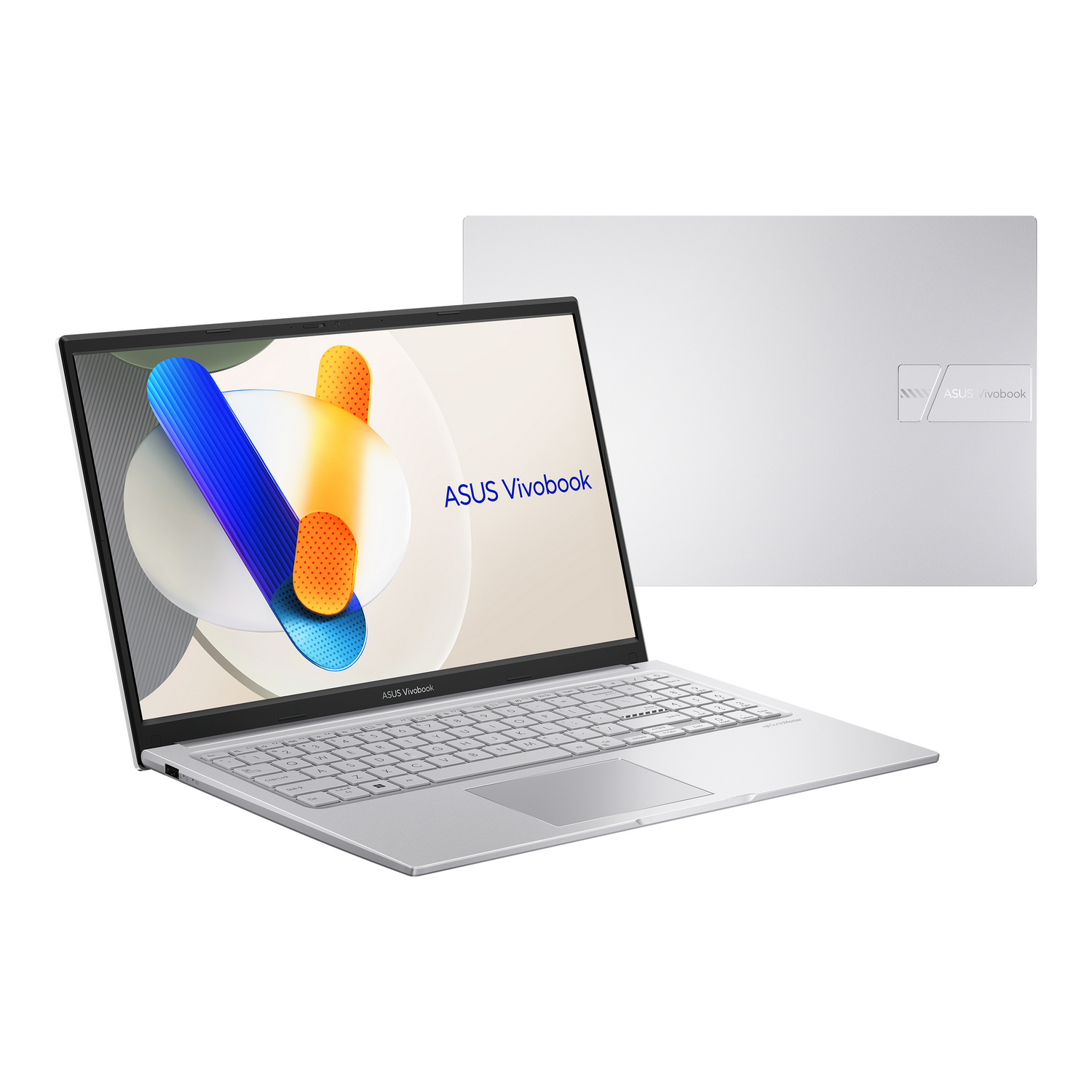 Una laptop plateada ASUS Vivobook está abierta, mostrando la pantalla con formas abstractas. La tapa también es visible. Fondo blanco.