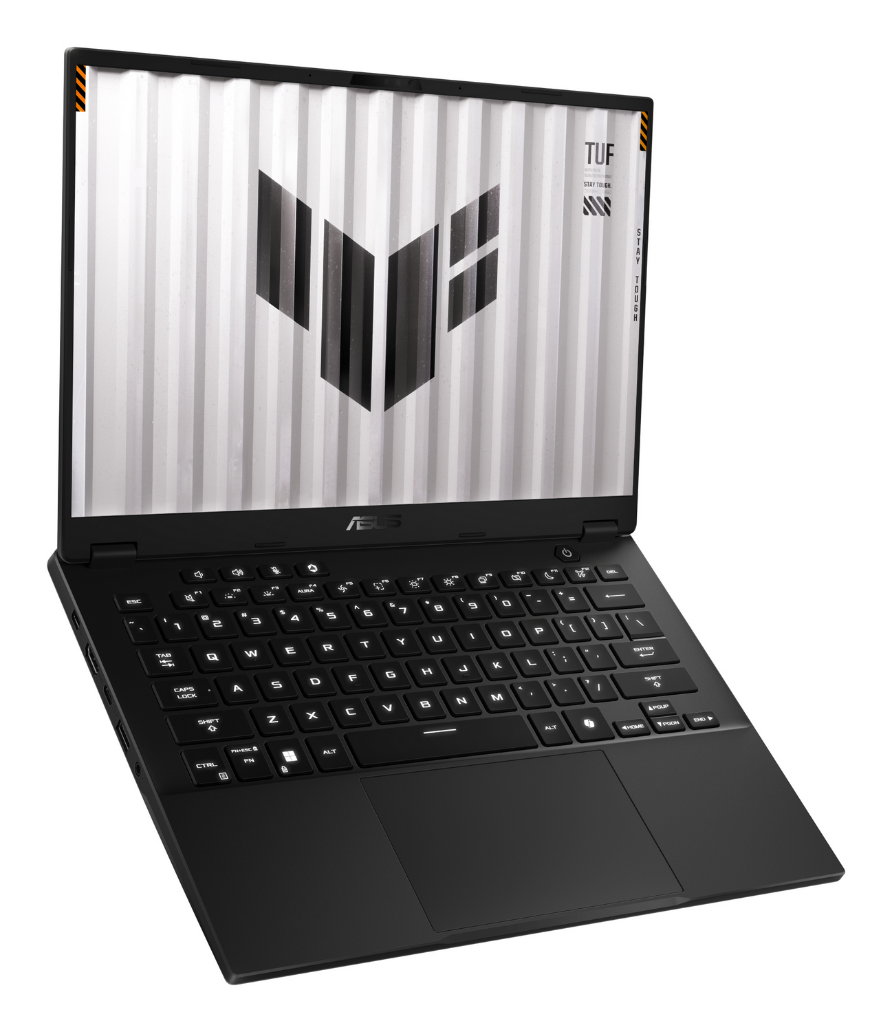 Portátil negro con teclado. La pantalla muestra un diseño gris con la palabra TUF. El portátil está en ángulo y abierto.