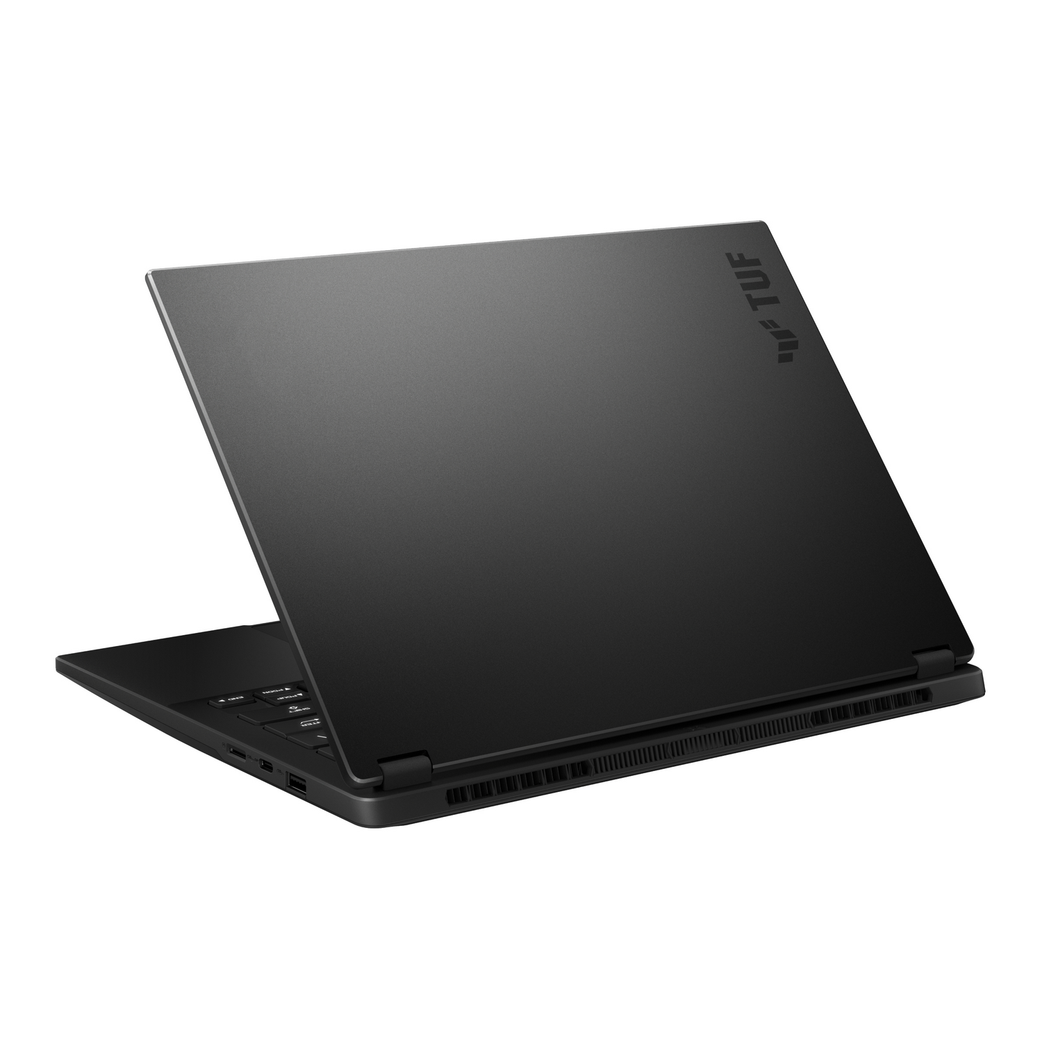 Una laptop negra, parcialmente abierta, con el logotipo TUF en la tapa. Se ve el teclado y los puertos. Fondo blanco.
