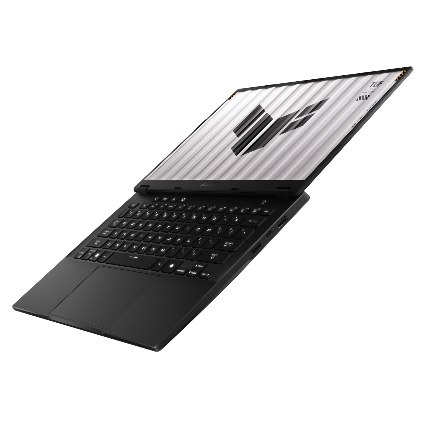 Ordenador portátil negro con teclado negro y pantalla con logotipo blanco y negro. El portátil está ligeramente abierto.