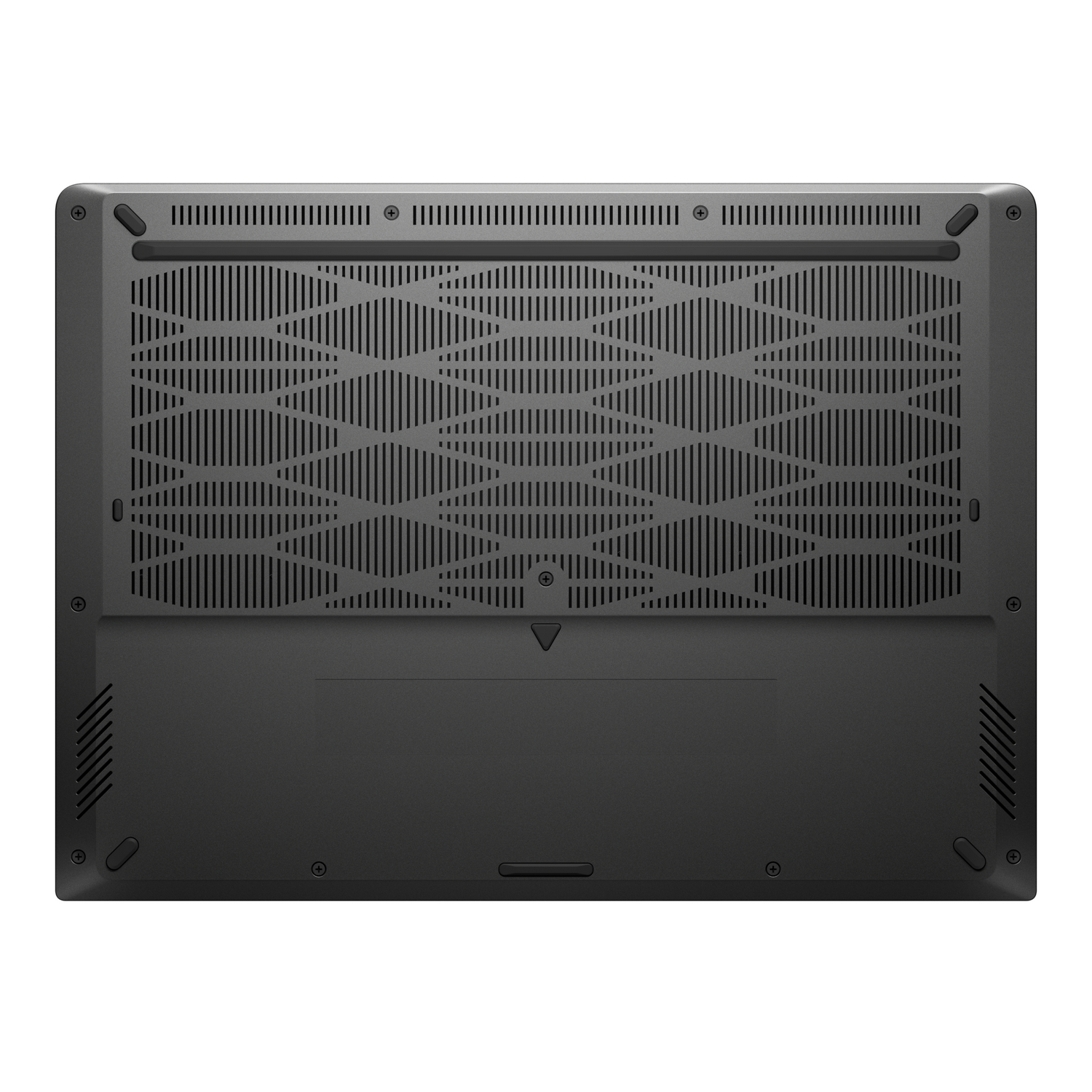 Se muestra la parte inferior de una computadora portátil negra. Tiene muchas rejillas de ventilación y una superficie lisa y rectangular en el centro.