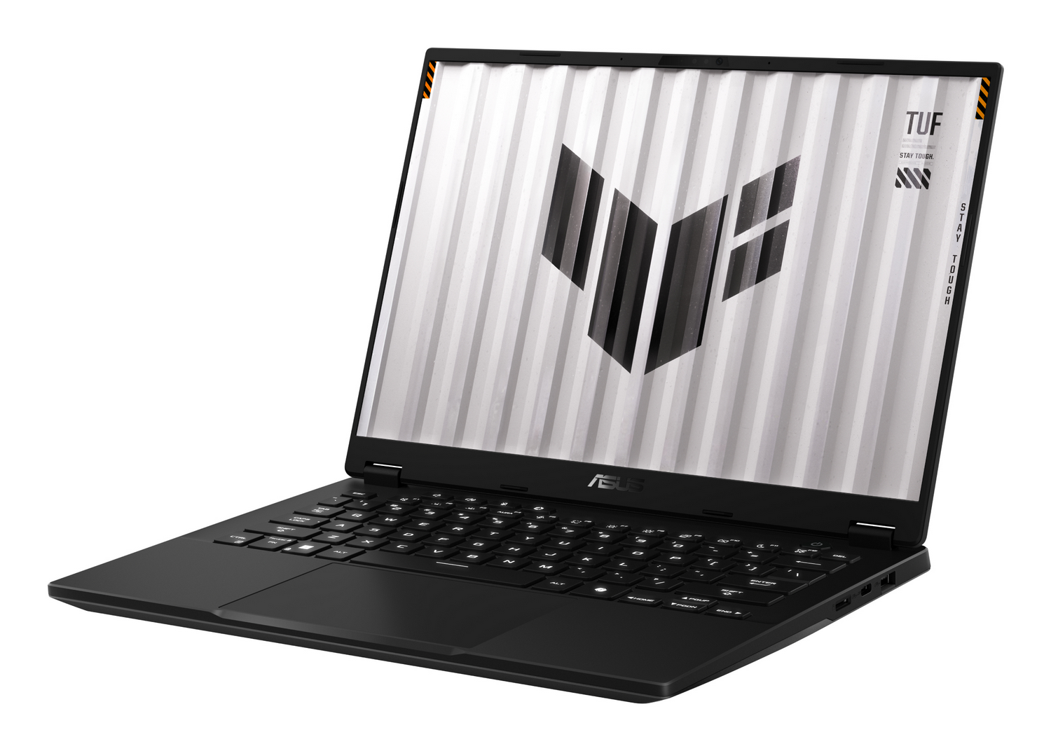 Portátil ASUS negro, abierto, mostrando el logotipo TUF en la pantalla. El teclado es visible. Fondo blanco.
