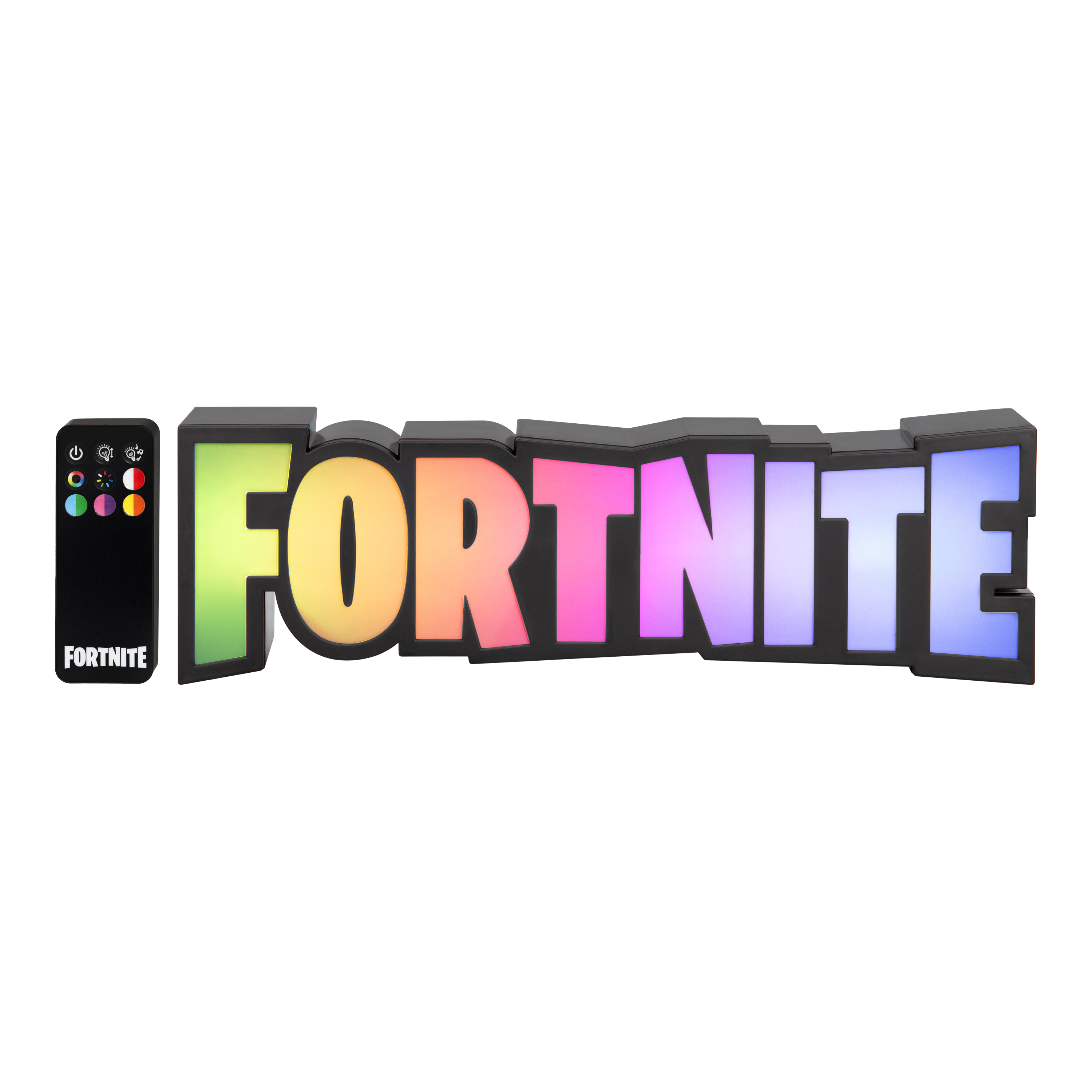 Ein Fortnite-Schild mit Fernbedienung. Das Schild ist schwarz mit bunten Lichtern. Die Fernbedienung ist schwarz mit Knöpfen.