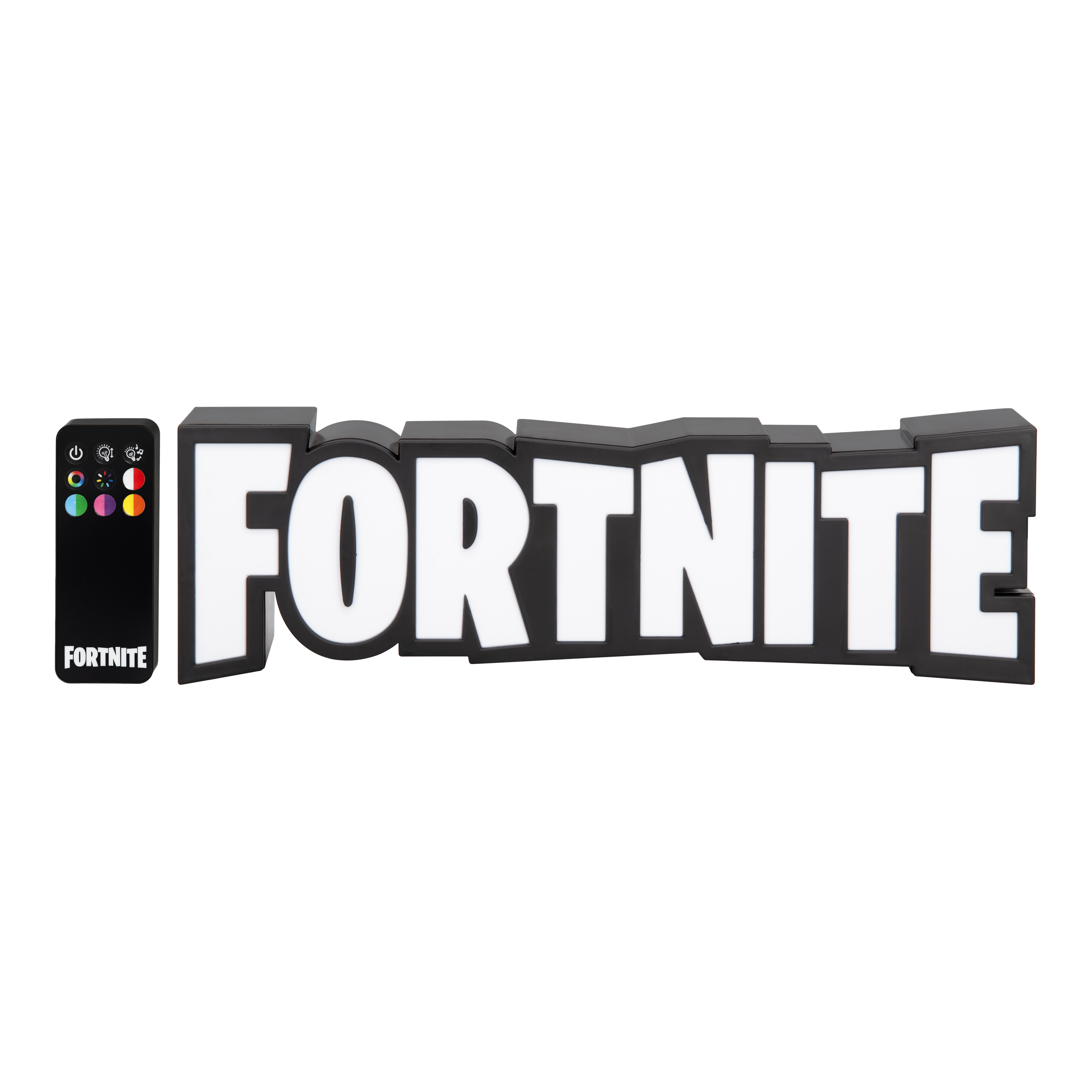 Ein schwarz-weißes Fortnite-Schild mit einer Fernbedienung. Das Schild ist weiß beleuchtet und die Fernbedienung hat verschiedene Farboptionen.