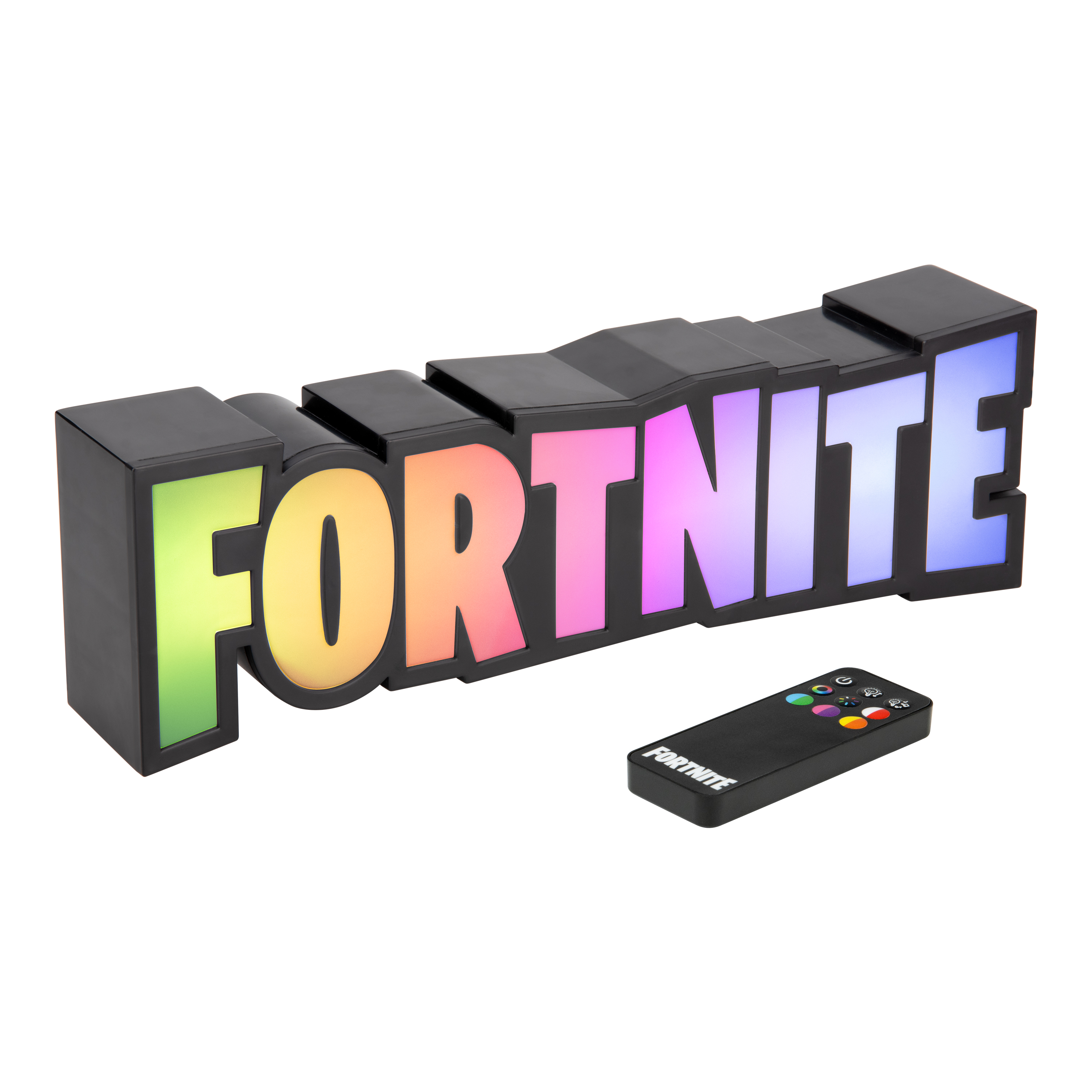 Ein Fortnite-Schild in Schwarz mit bunten Lichtern und einer Fernbedienung.