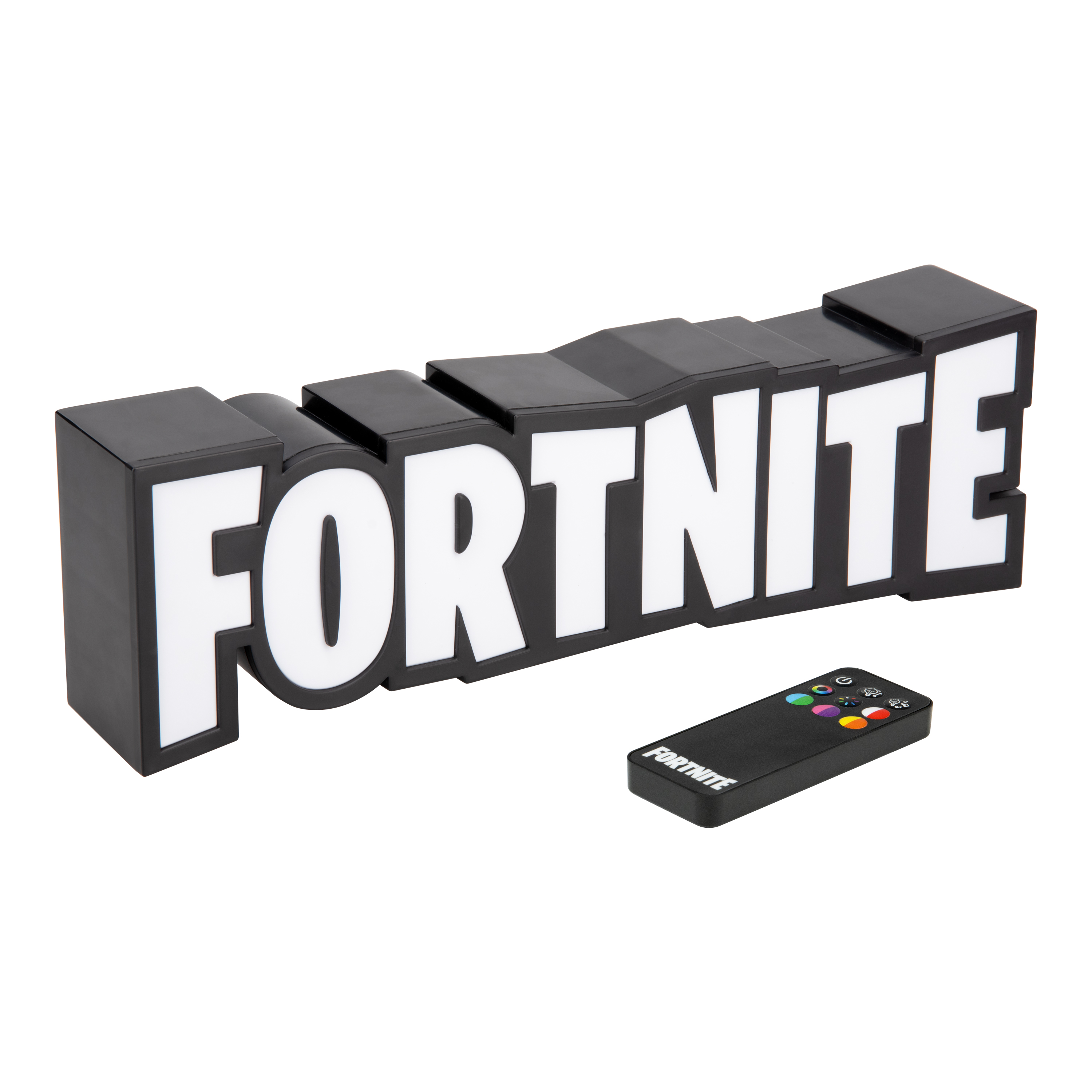 Ein schwarzes Fortnite-Schild mit weißen Buchstaben und einer Fernbedienung. Das Schild befindet sich auf weißem Hintergrund.
