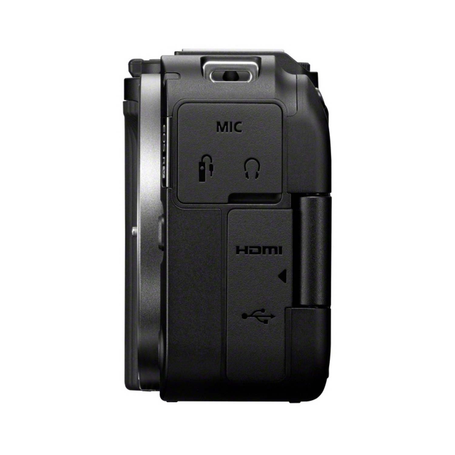 Black camera side view. Features include MIC, headphone jack, HDMI, and USB port.
