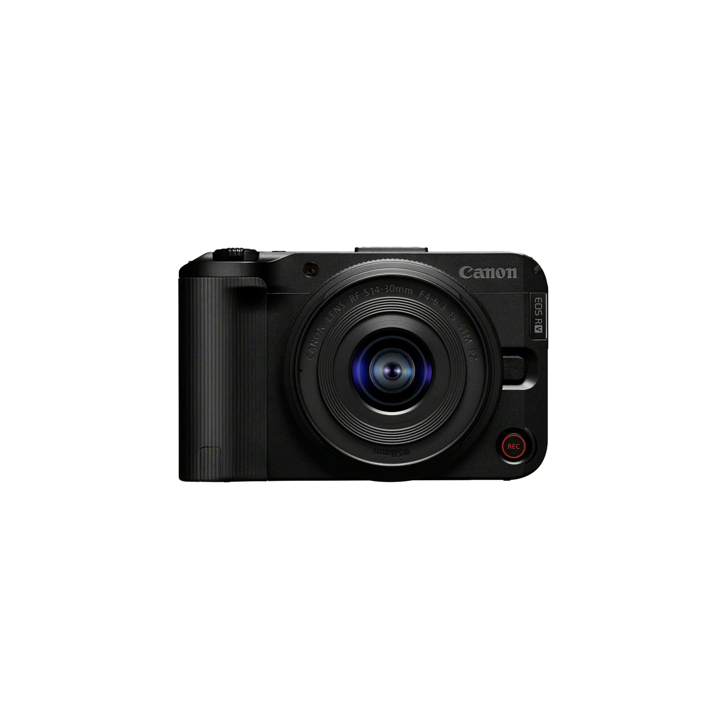 Un appareil photo Canon EOS R noir sur fond noir. L'objectif est proéminent, avec un bouton REC rouge visible.