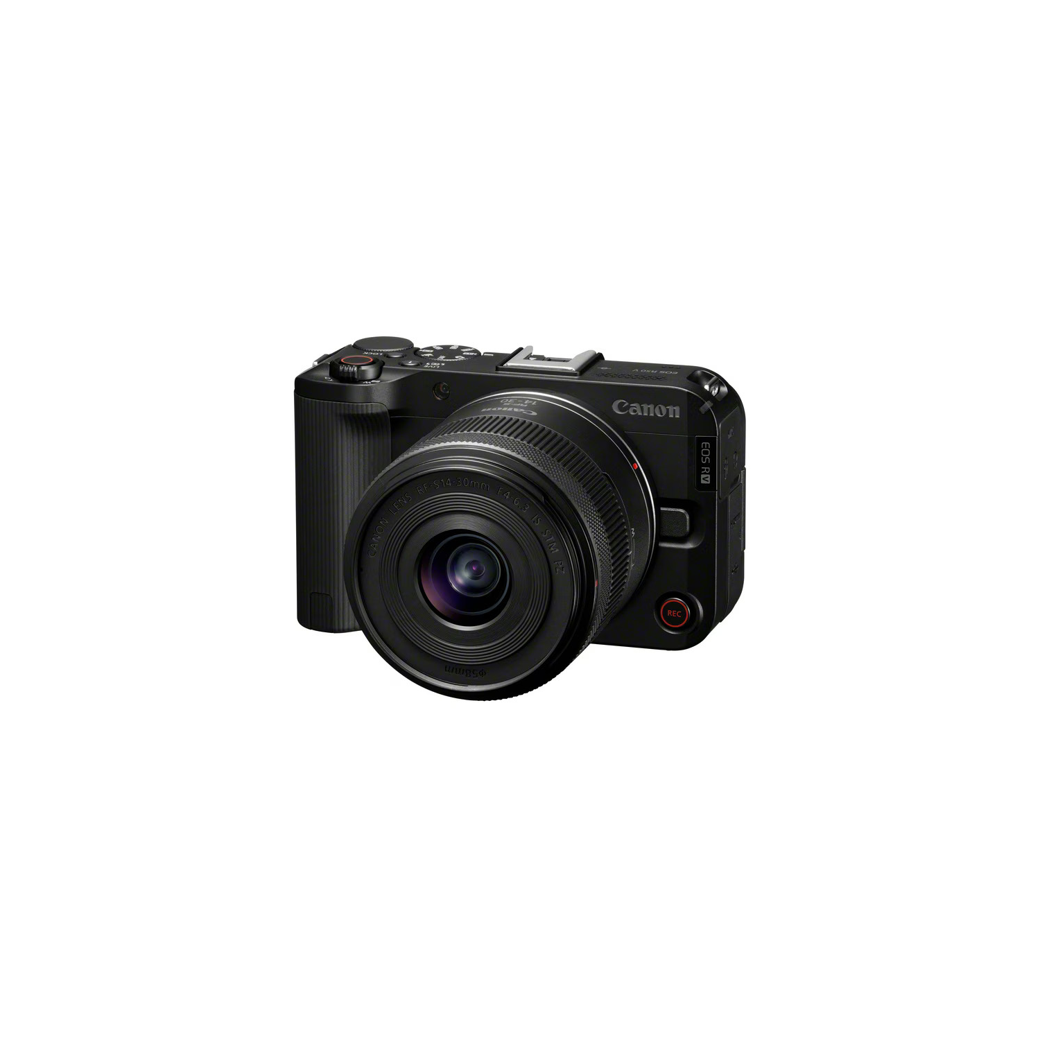 Un appareil photo Canon EOS R V noir avec un objectif est isolé sur fond blanc. L'objectif est orienté vers l'avant et porte une inscription.