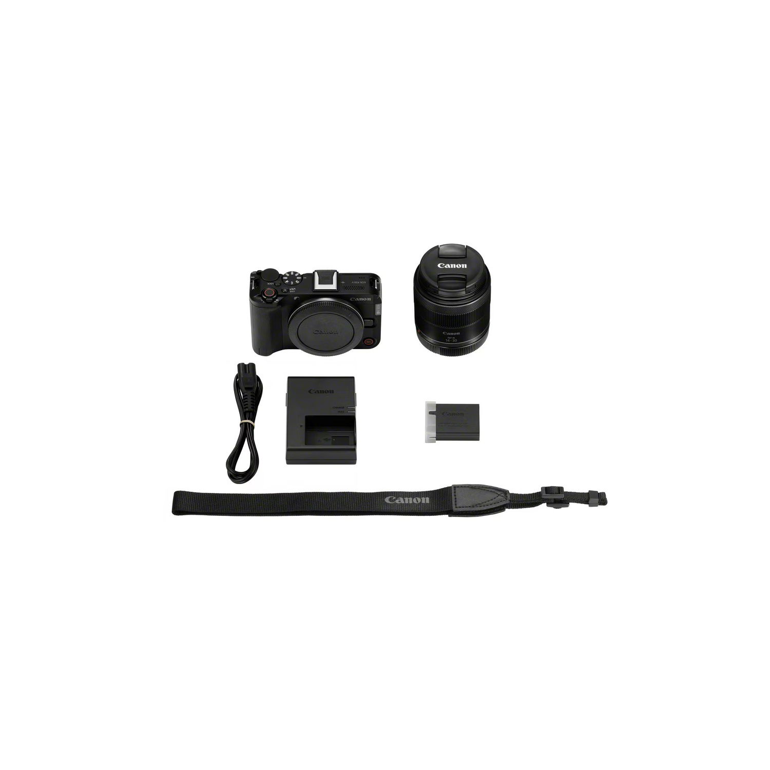 Un kit de caméra Canon sur fond blanc. Comprend un appareil photo, un objectif, un chargeur, une batterie, une sangle et des câbles.