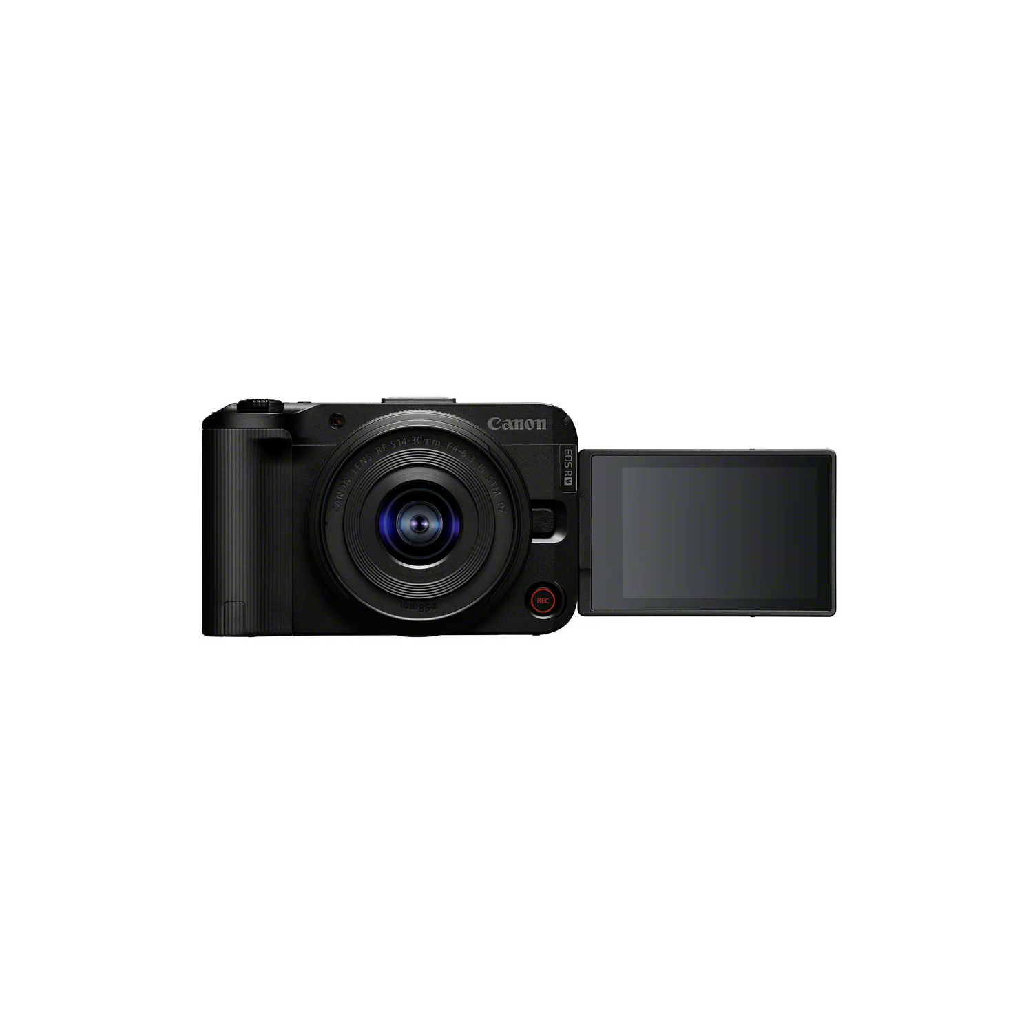 A black Canon camera with a lens and a flip-out screen is centered against a white background. The screen is black.