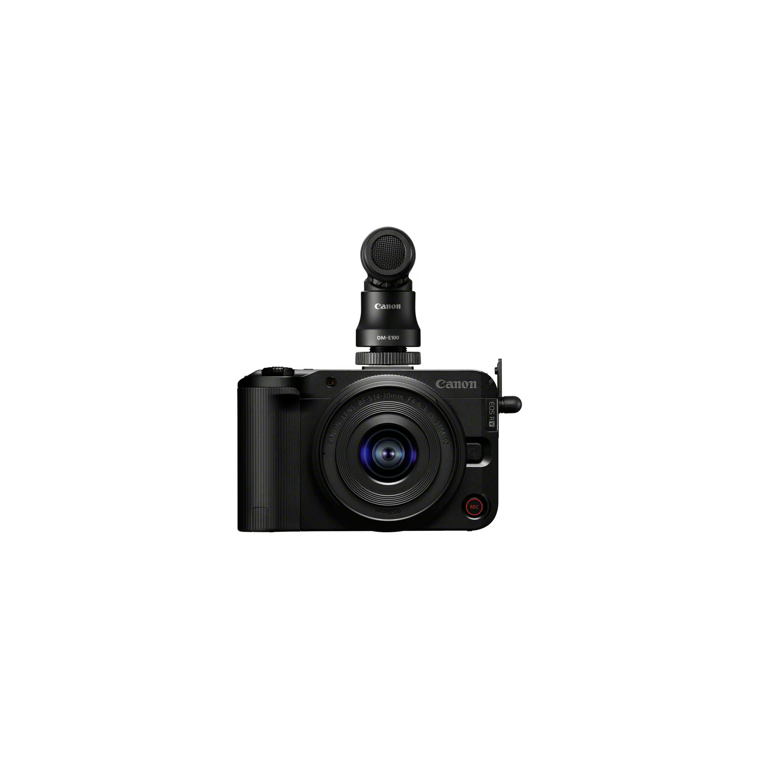 Black Canon camera with a microphone attached. The lens is visible, and the camera is set against a white background.
