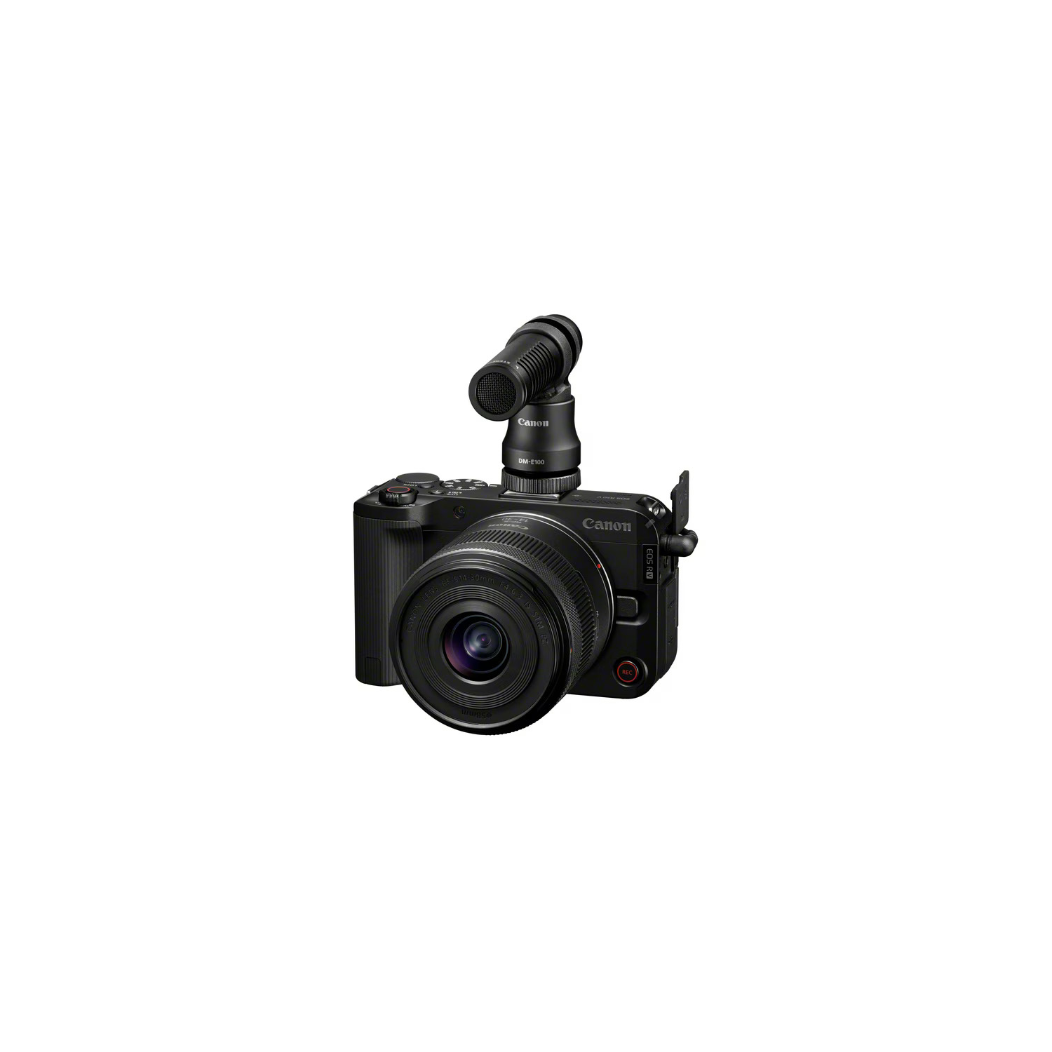Black Canon camera with a microphone attached. Lens details visible. White background.