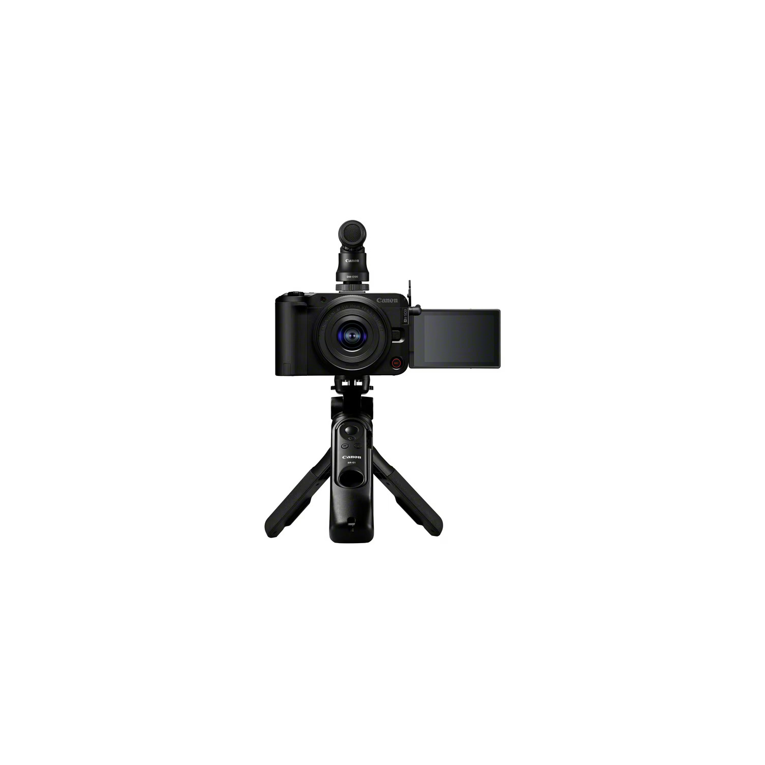 A black Canon camera with a microphone and screen, mounted on a tripod. The background is white.