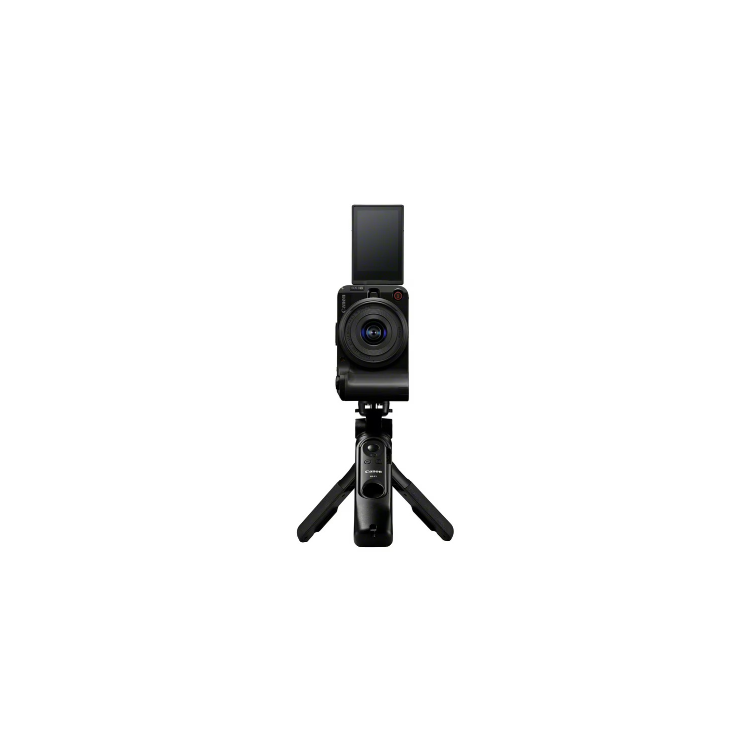 A black camera with a flip-out screen is mounted on a tripod. The tripod is also black, with three legs extending down.