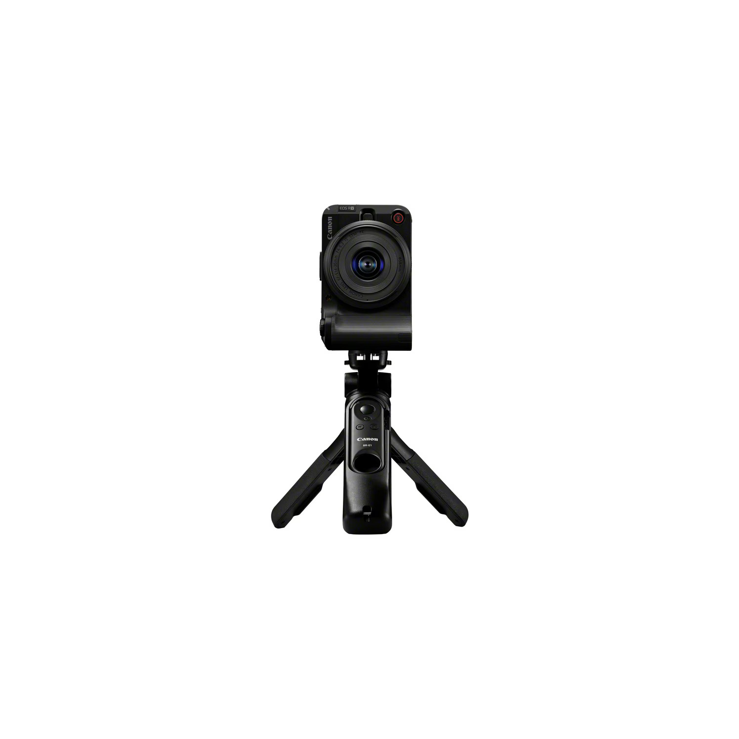 Black Canon camera on a tripod against white background. Camera lens visible. Tripod has folding legs and handle.