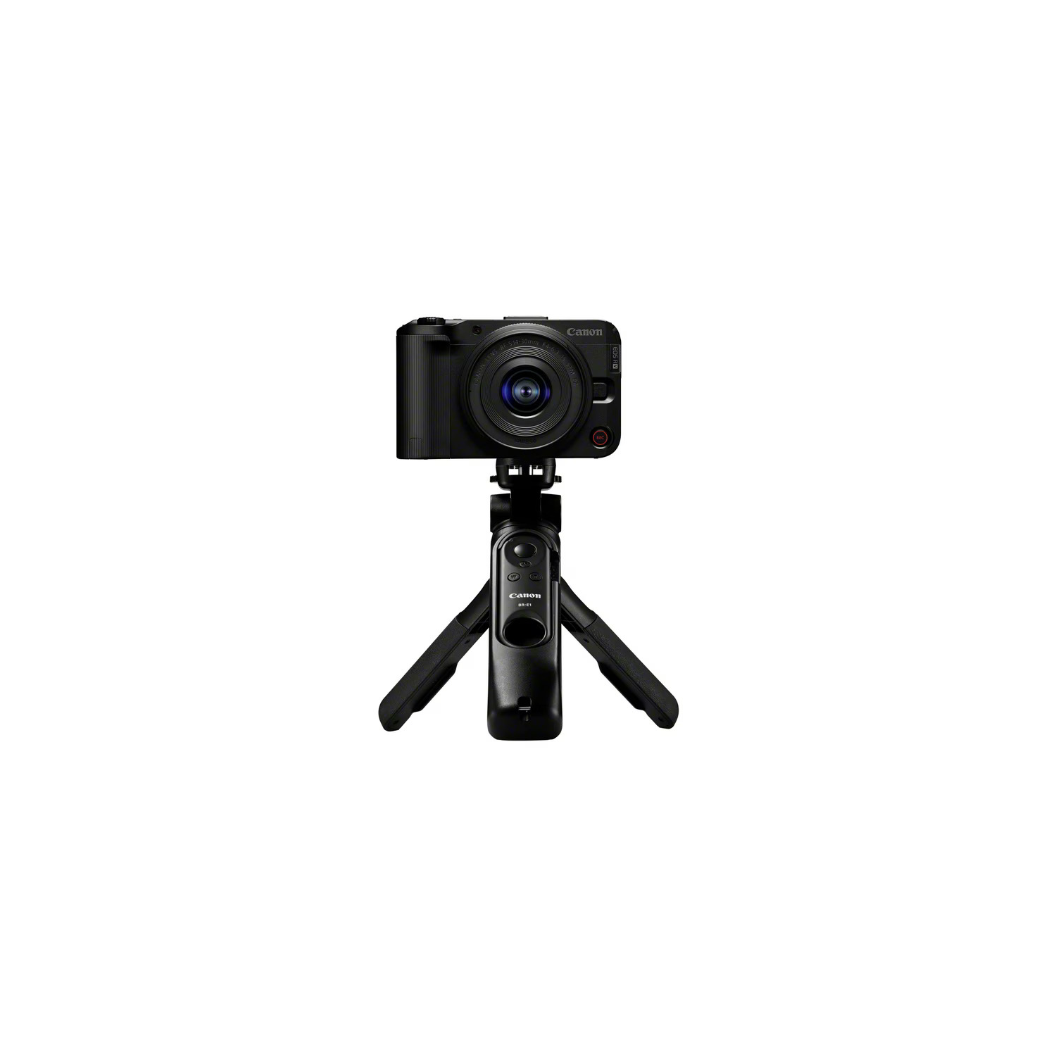 A black Canon camera is mounted on a small tripod. The camera lens is facing forward. The background is white.
