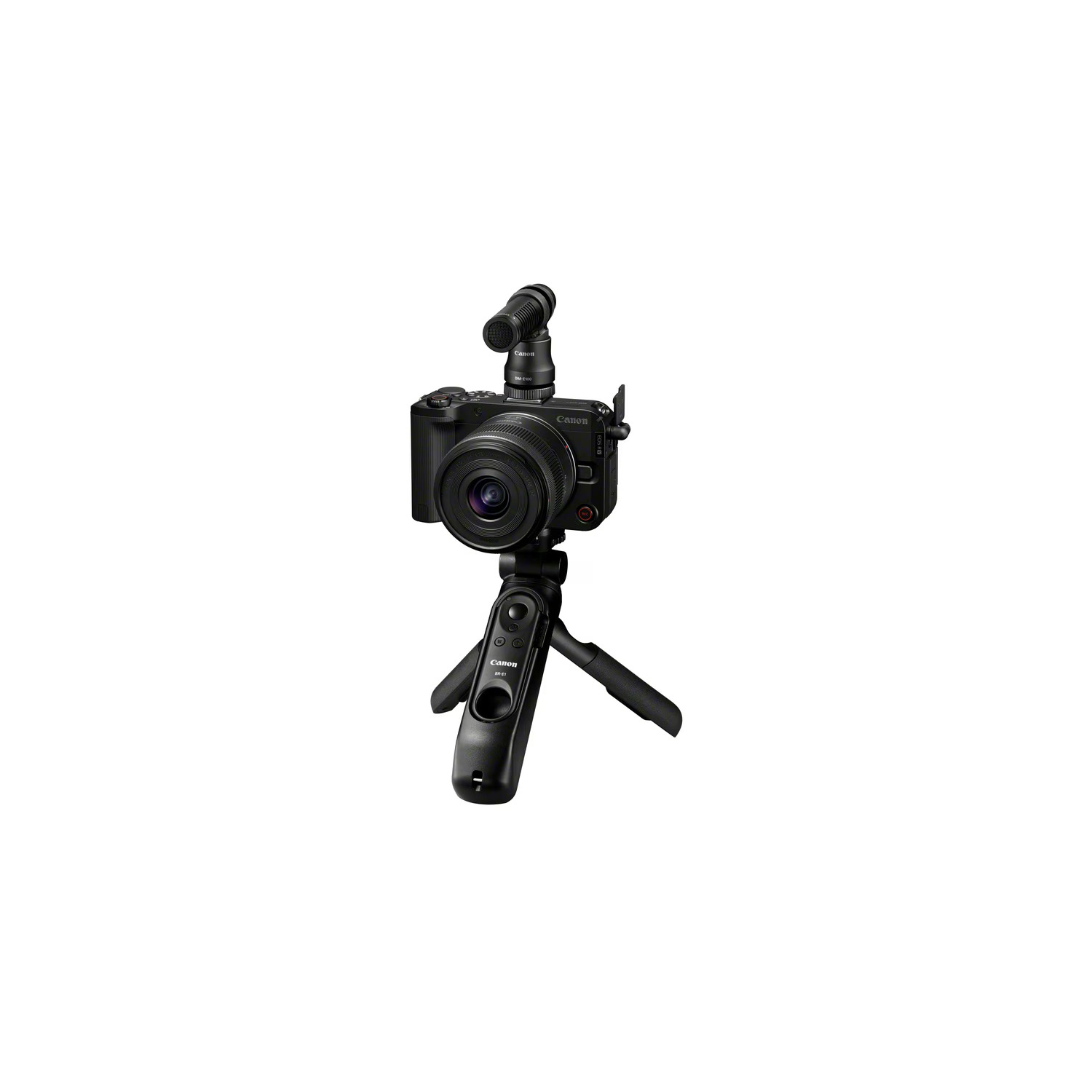 A black camera with a microphone is mounted on a tripod. The tripod has a handle and controls. The background is white.