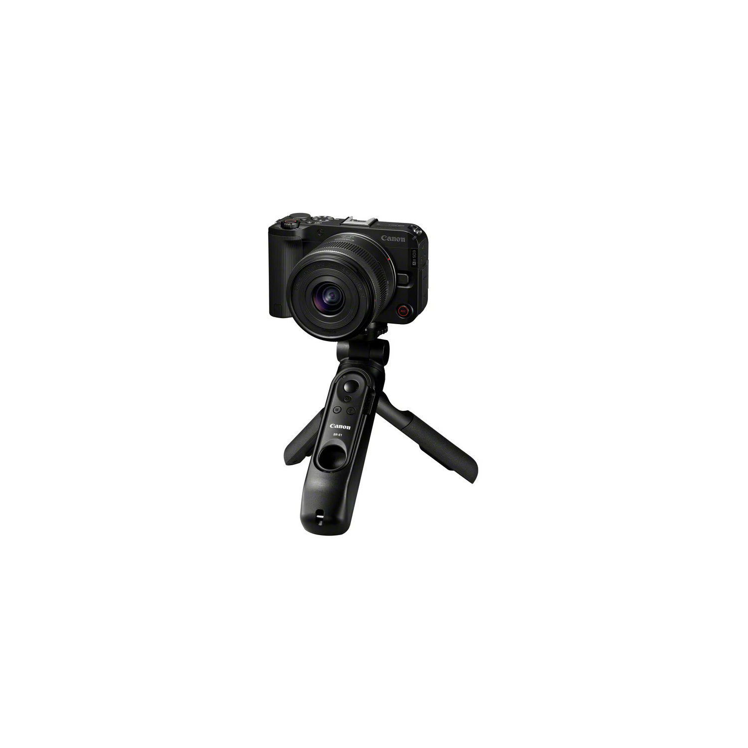 A black Canon camera sits on a small tripod. The camera lens is centered, and the tripod has a remote control handle.