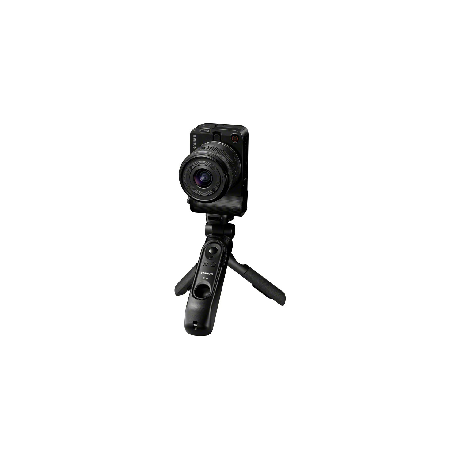 A black Canon camera with a lens is mounted on a tripod. The tripod has a remote control. The background is white.