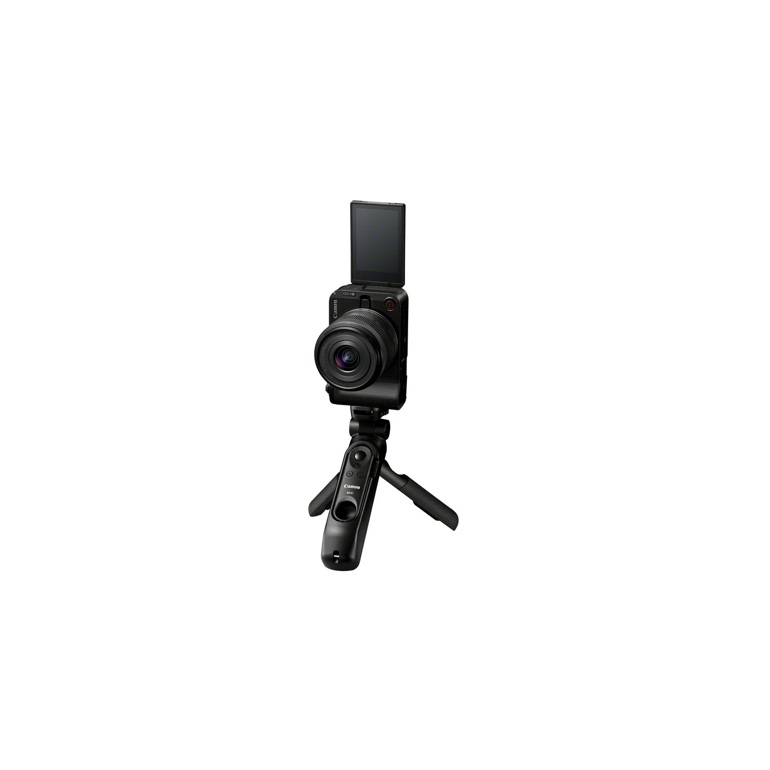 A black camera with a lens is on a black tripod. The screen is open. The background is white.