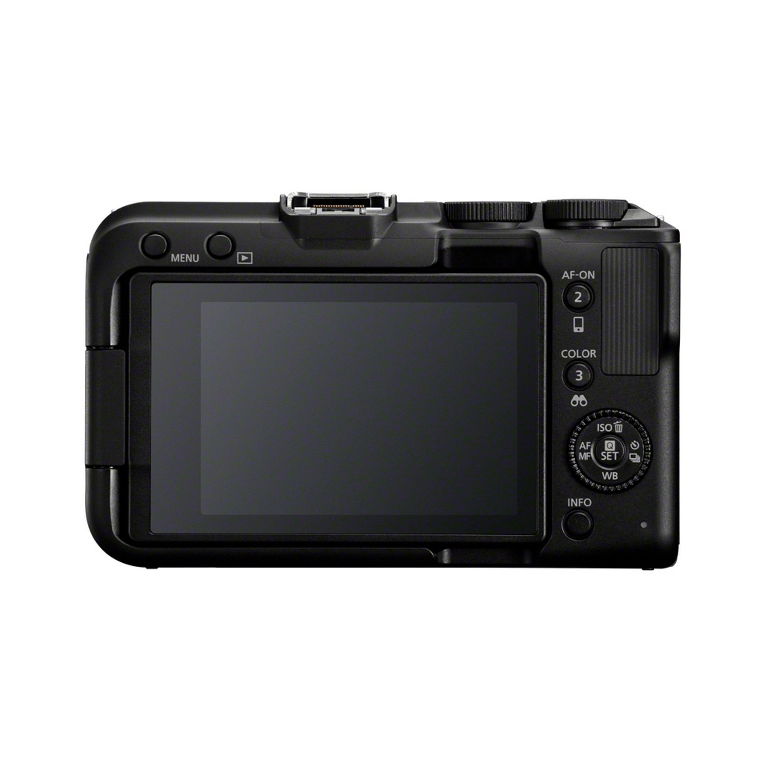Back of a black camera is shown. It has a screen, buttons, and dials for settings. The camera is on a white background.