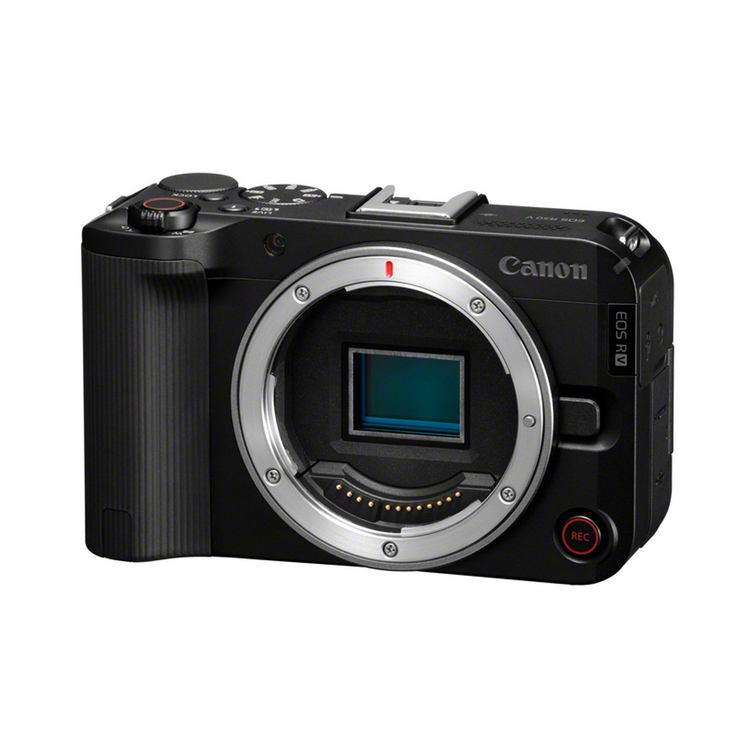 A black Canon EOS R camera. It has a lens mount and a red REC button. Canon logo visible. The camera is on a white background.