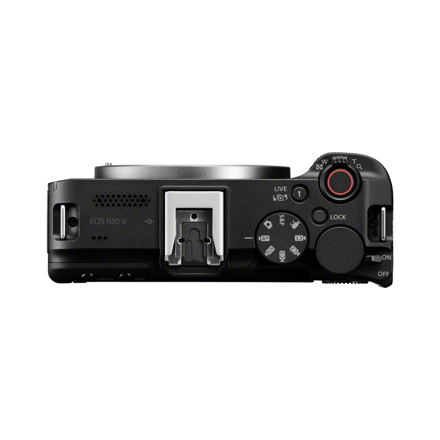 Black Canon EOS R50 V camera with multiple buttons, dials, and a flash mount. It has an on/off switch and a mode dial.