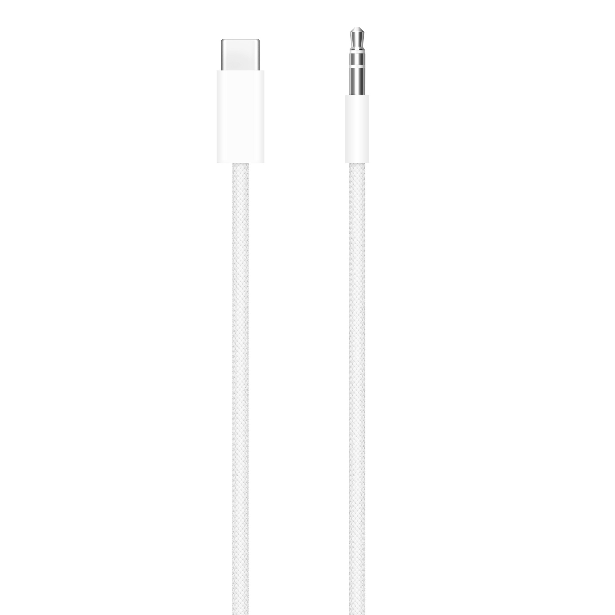 Fehér USB-C–3,5 mm-es audiokábel. A csatlakozók fehérek. A kábel fonott.