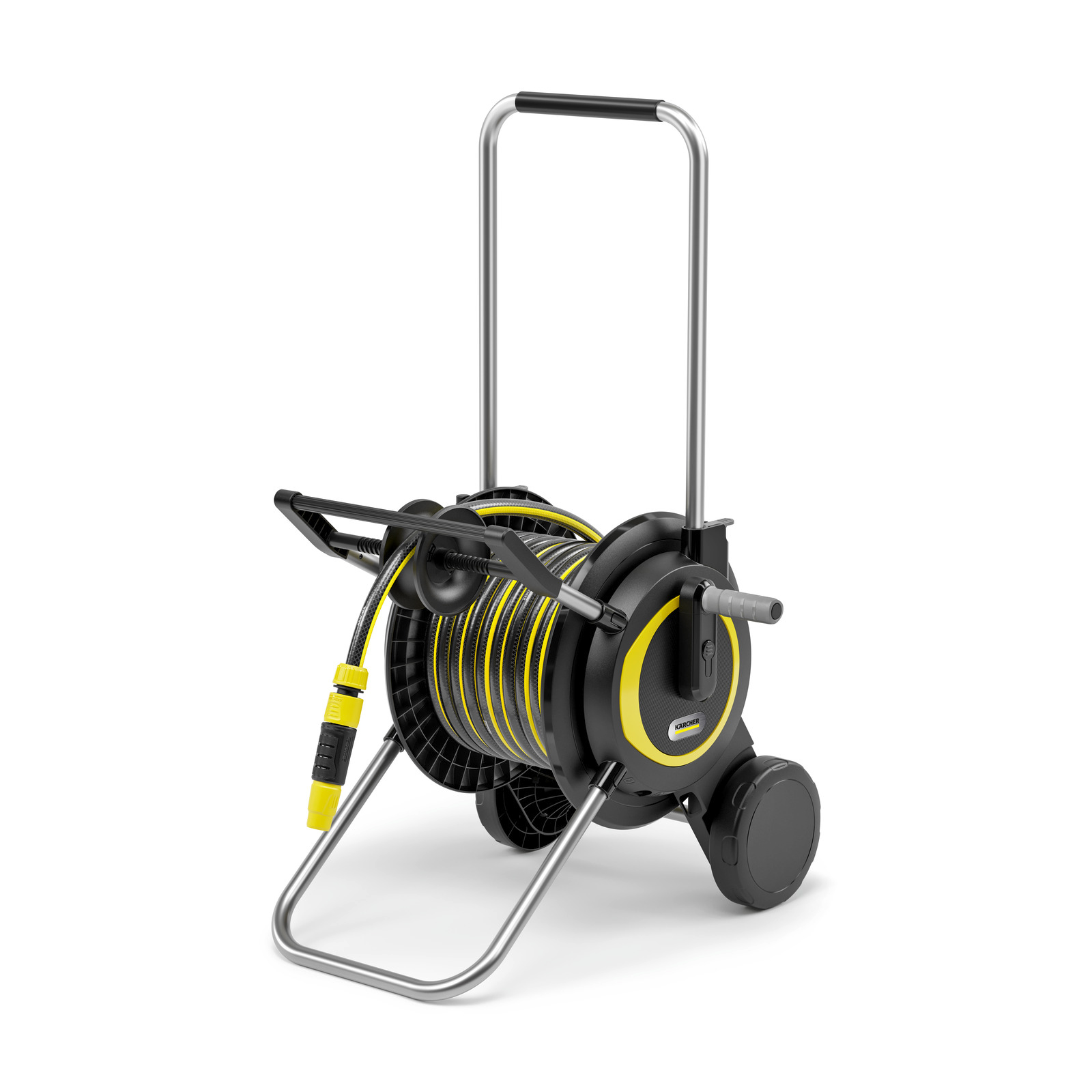Fekete-sárga tömlődob fehér háttérrel. Kerekekkel, fogantyúval és tömlővel. A márka a Karcher.