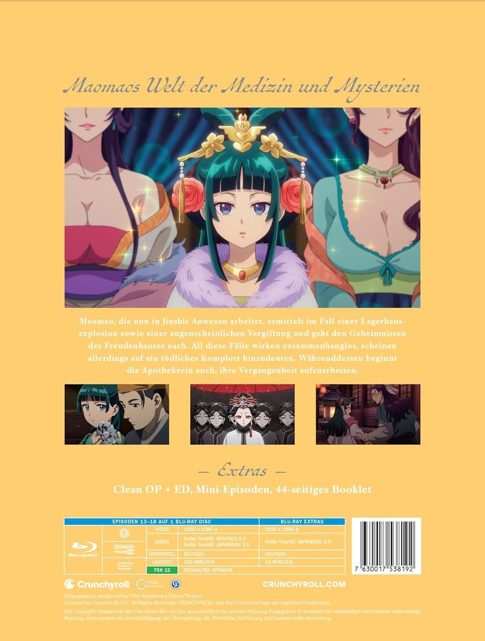Anime-Blu-ray-Cover. Drei Frauen, eine in der Mitte mit grünen Haaren, mit Blumen geschmückt. Der Hintergrund ist gelb.