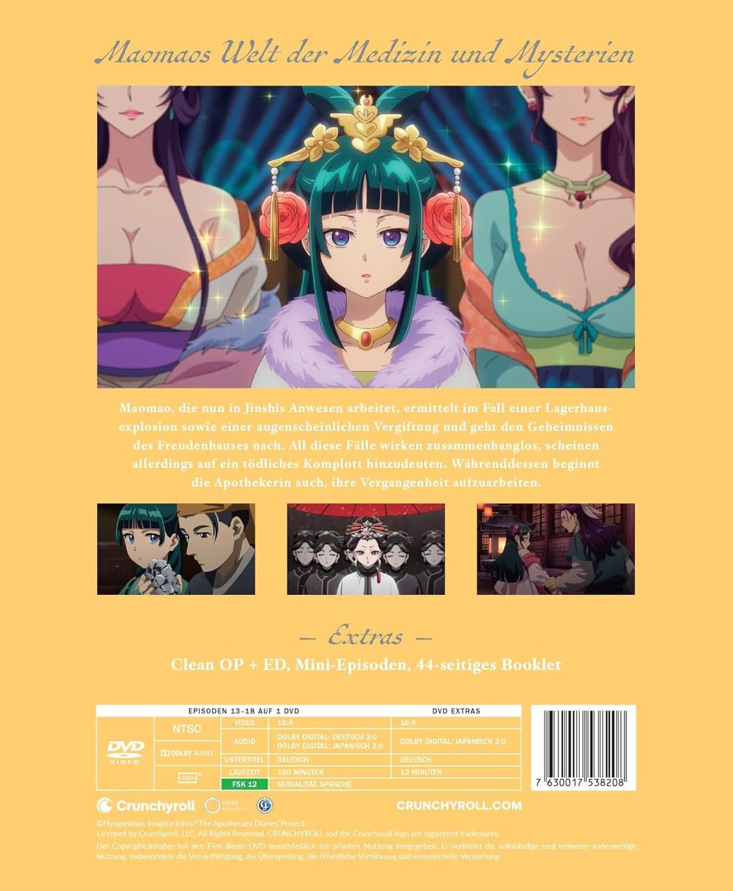 Anime-DVD-Cover. Zeigt drei weibliche Charaktere mit kunstvollem Kopfschmuck. Text in Deutsch und Englisch, Werbung für die Serie.