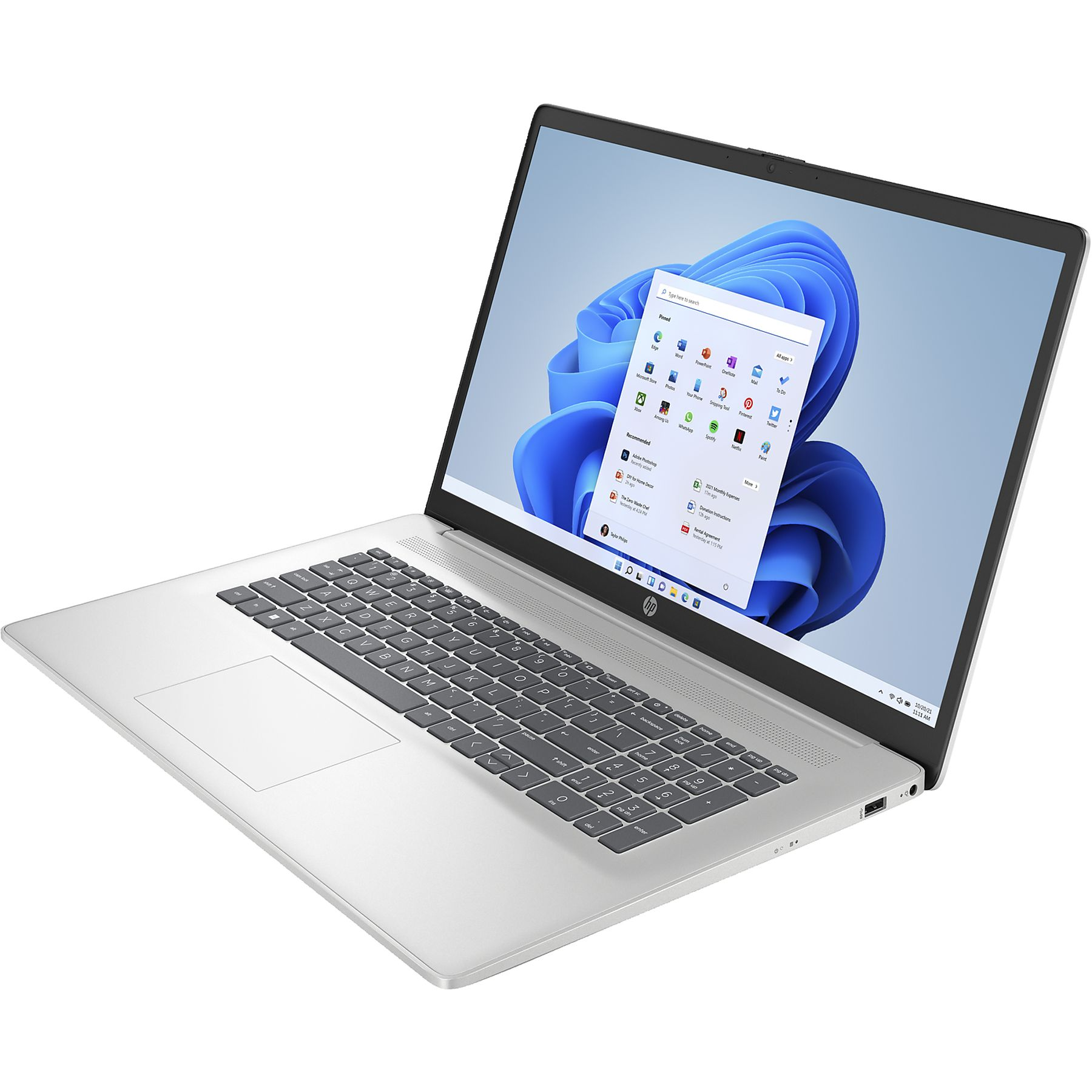 Silver laptop with a Windows 11 interface, showing the start menu. Keyboard and screen are visible. The logo is on the lower side.