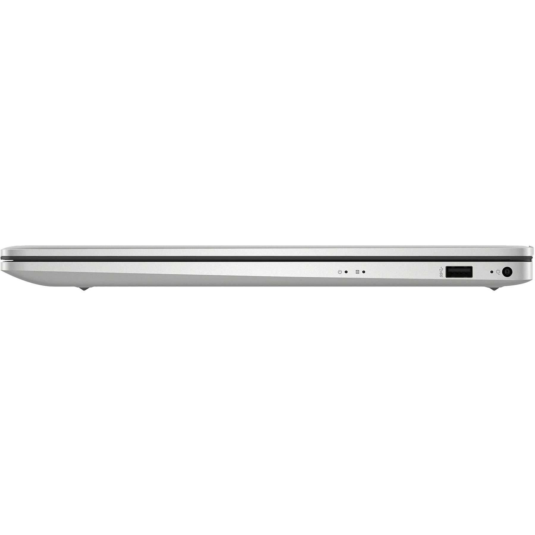 Side view of a silver laptop. Visible ports include USB, power, and audio, along with indicator lights.